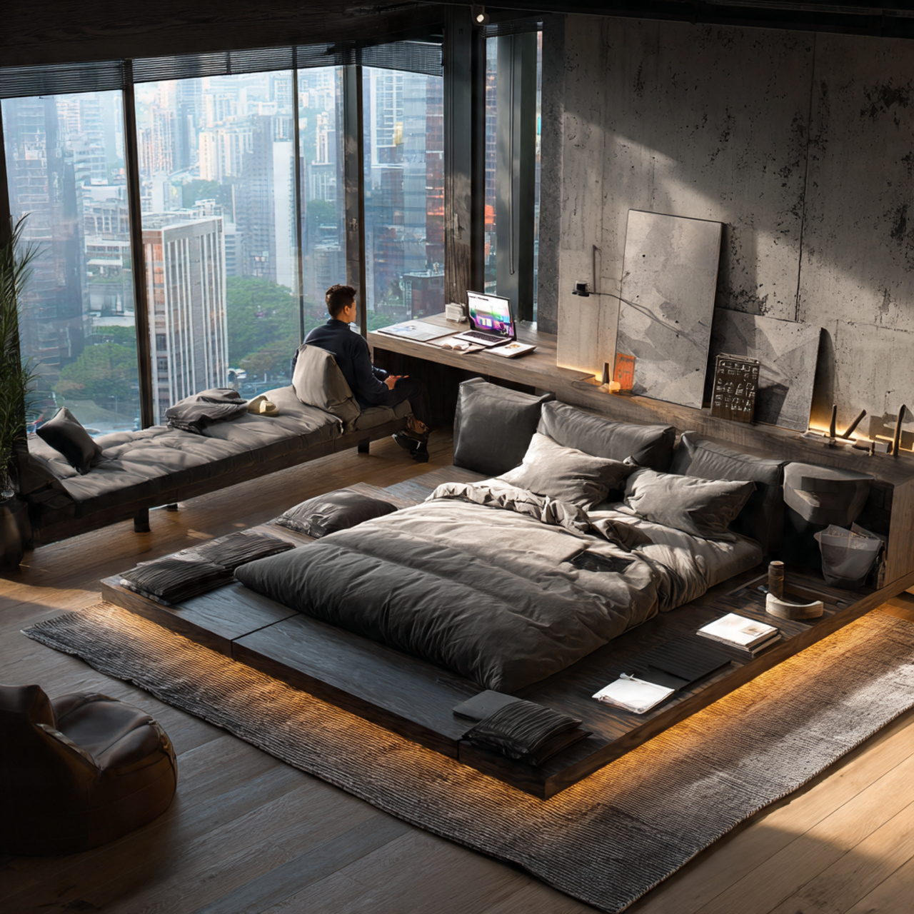a modern mens studio apartment bedroom with 1