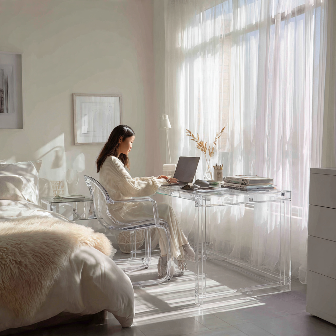 25 Stunning Bedroom Ideas for Small Rooms That Feel Spacious & Stylish 21 a modern small bedroom featuring lucite transparent