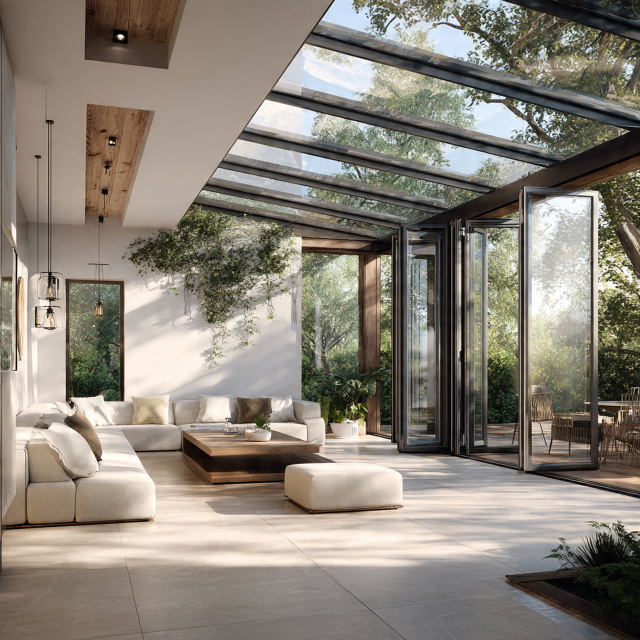 a modern sunroom with folding glass walls