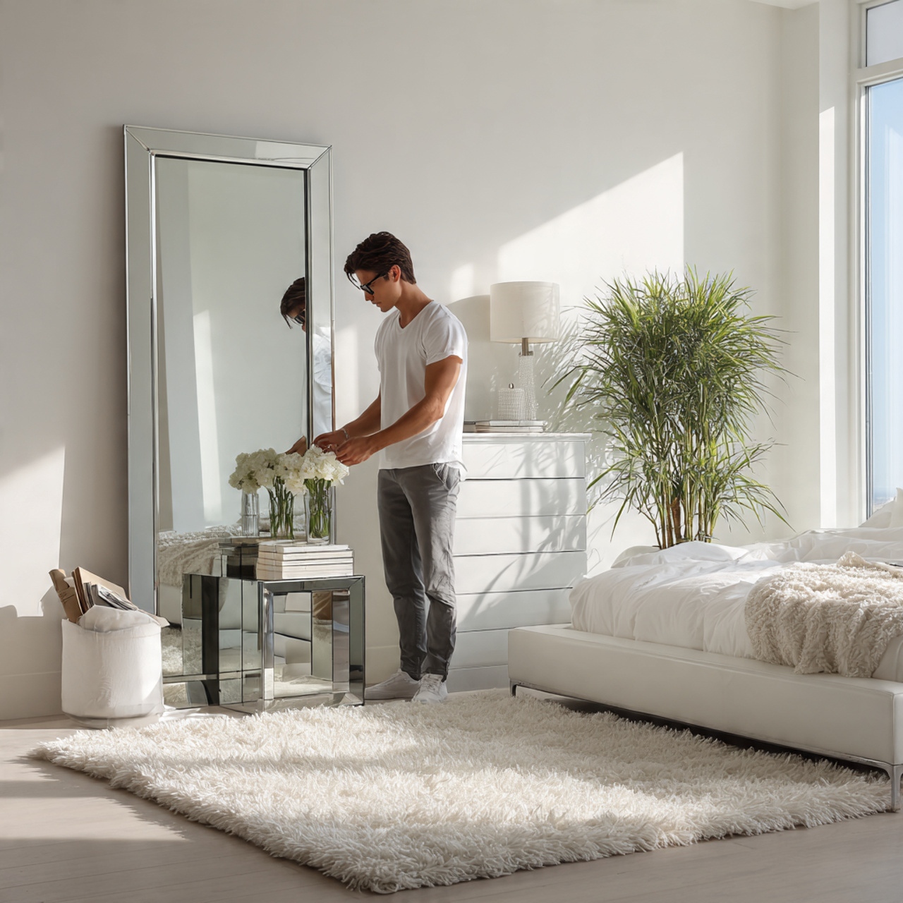 a modern white bedroom with mirrored nightstands
