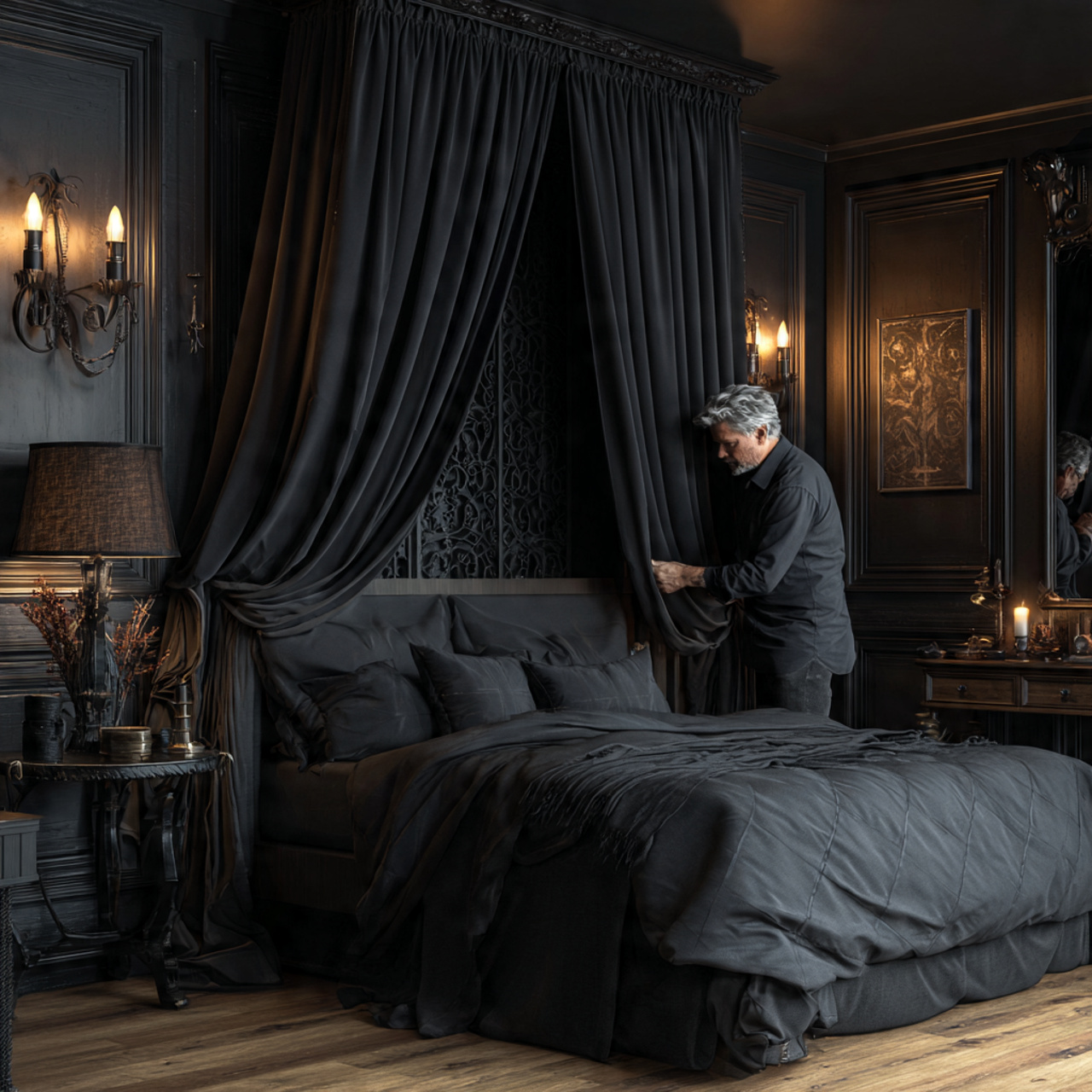 25 Black Bedroom Decor Ideas for a Bold & Luxurious Space 19 a moody black bedroom with black wrought
