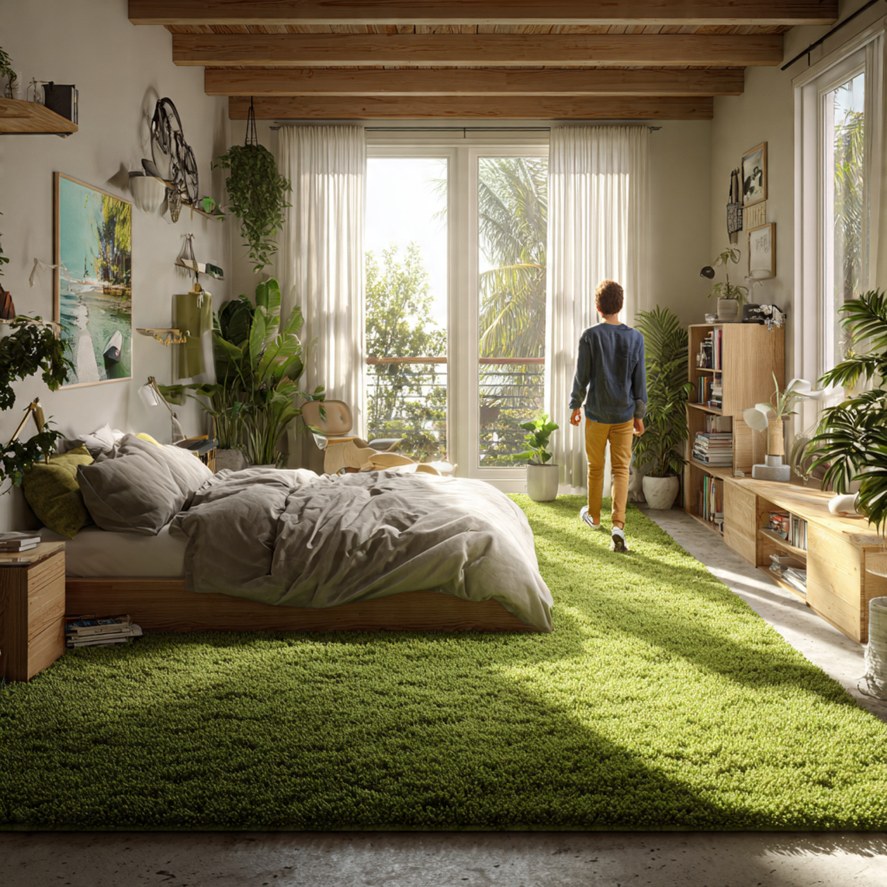 a playful bedroom with a bold grass