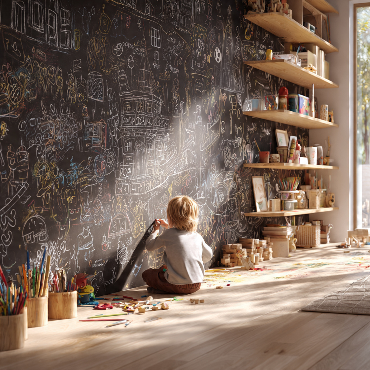 a realistic kids room with a full