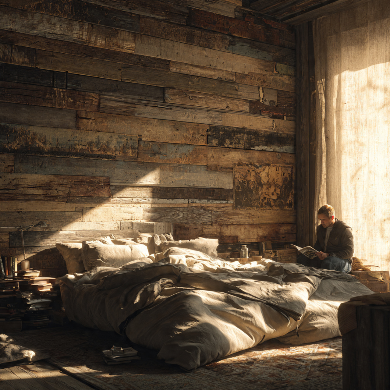 a rustic bedroom featuring a wall covered