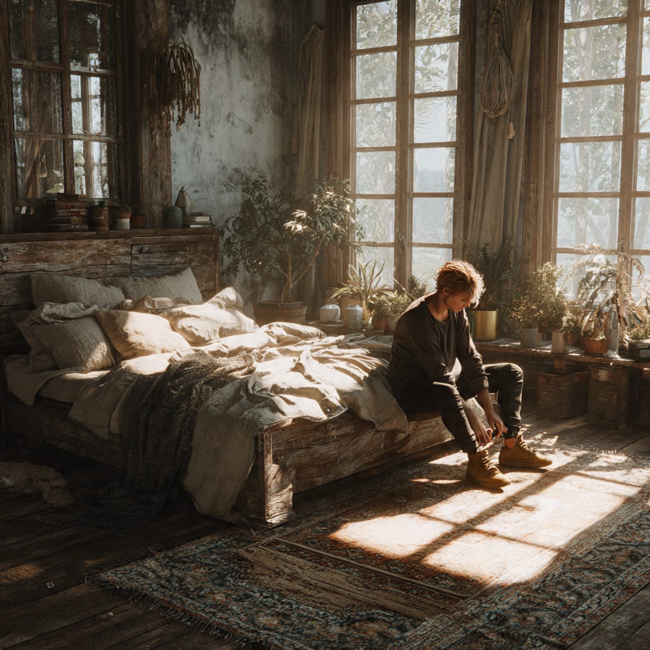 a rustic bohemian bedroom featuring a distressed