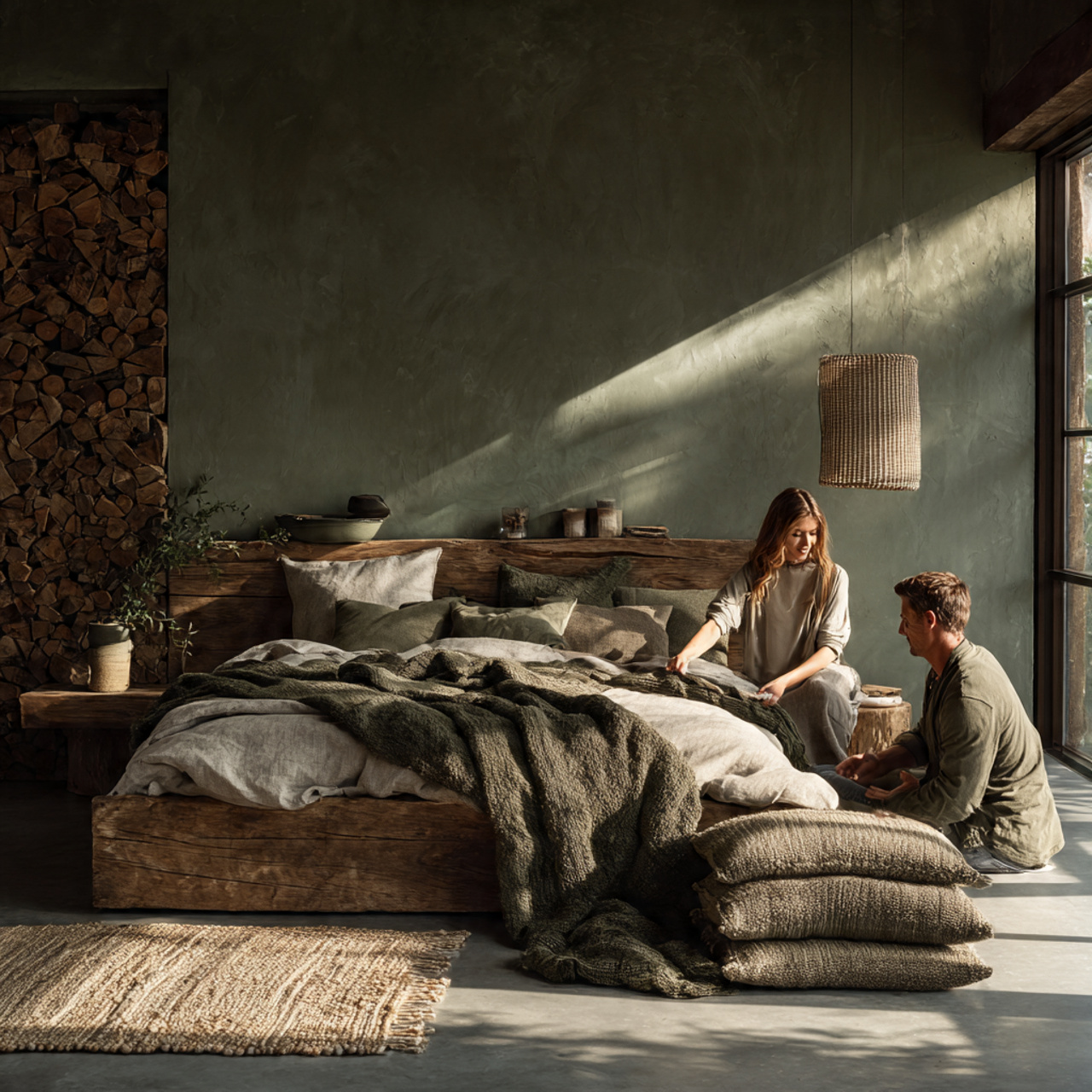 a rustic modern bedroom with olive green walls