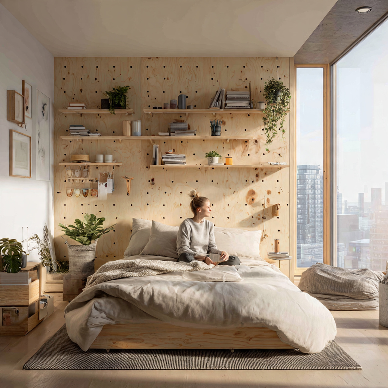 a scandinavian inspired bedroom with a light wood