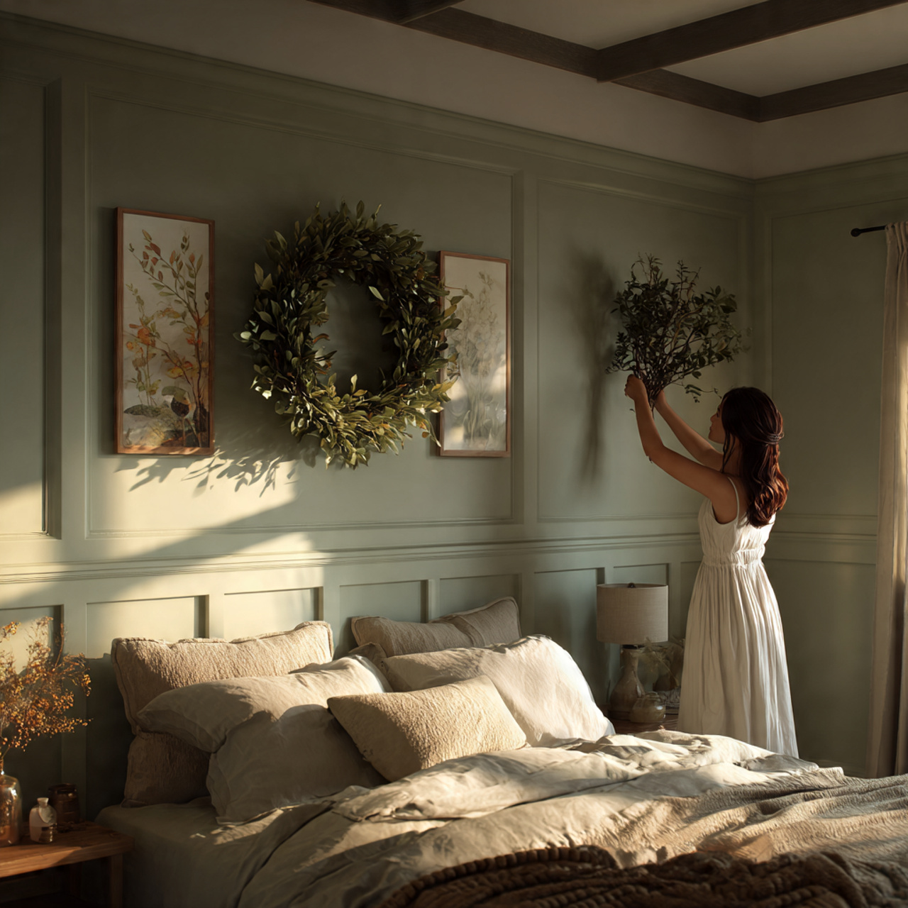 a serene bedroom with a laurel leaf