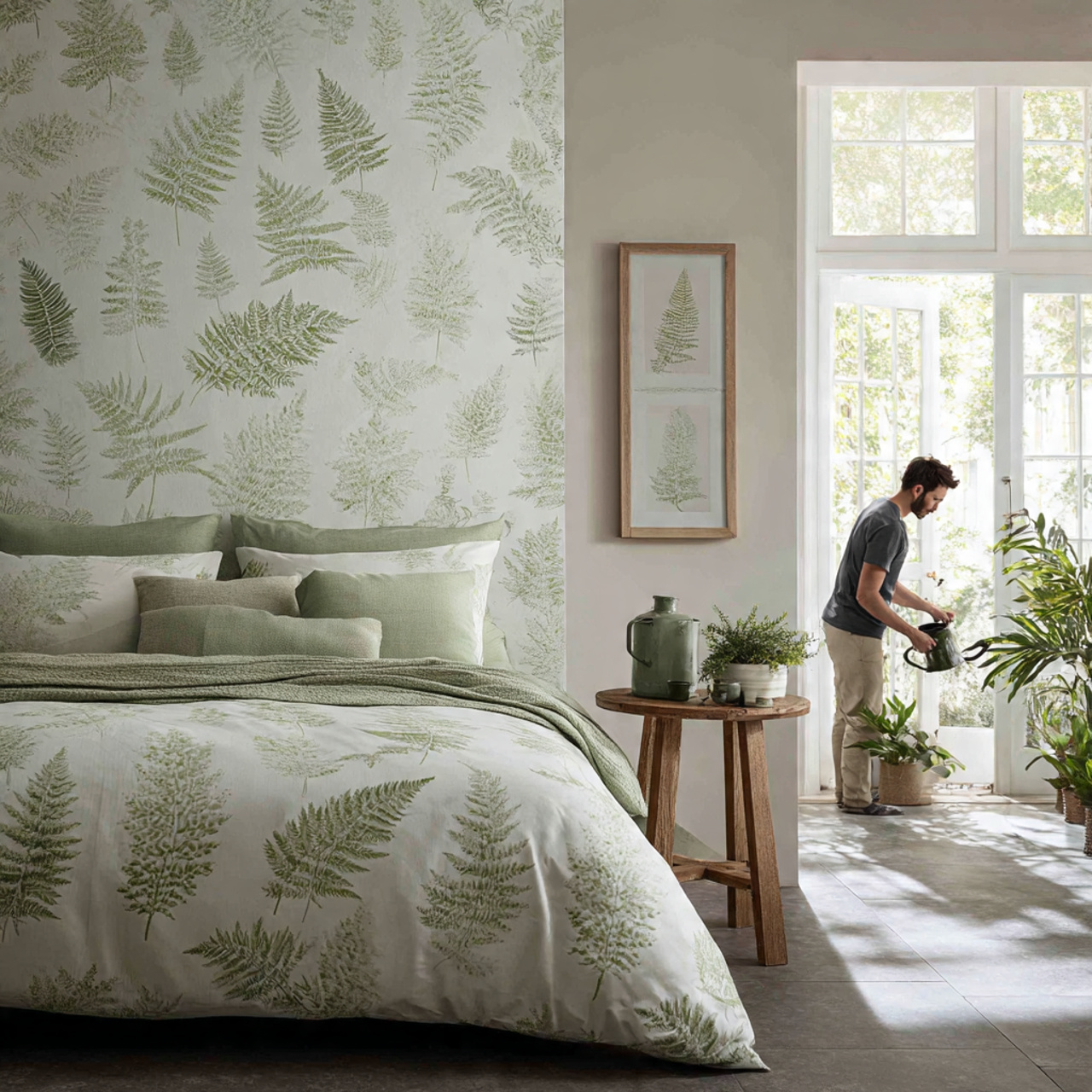 a serene bedroom with delicate fern patterned wallpaper