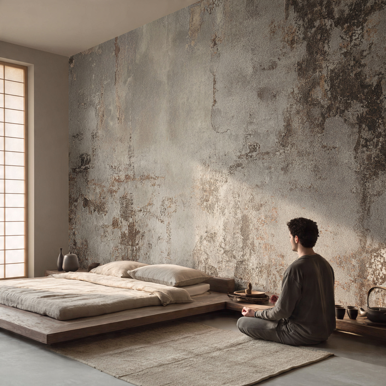 25 Bedroom Decor Wallpaper Ideas That Inspire Luxury & Comfort 22 a serene bedroom with japanese wabi sabi