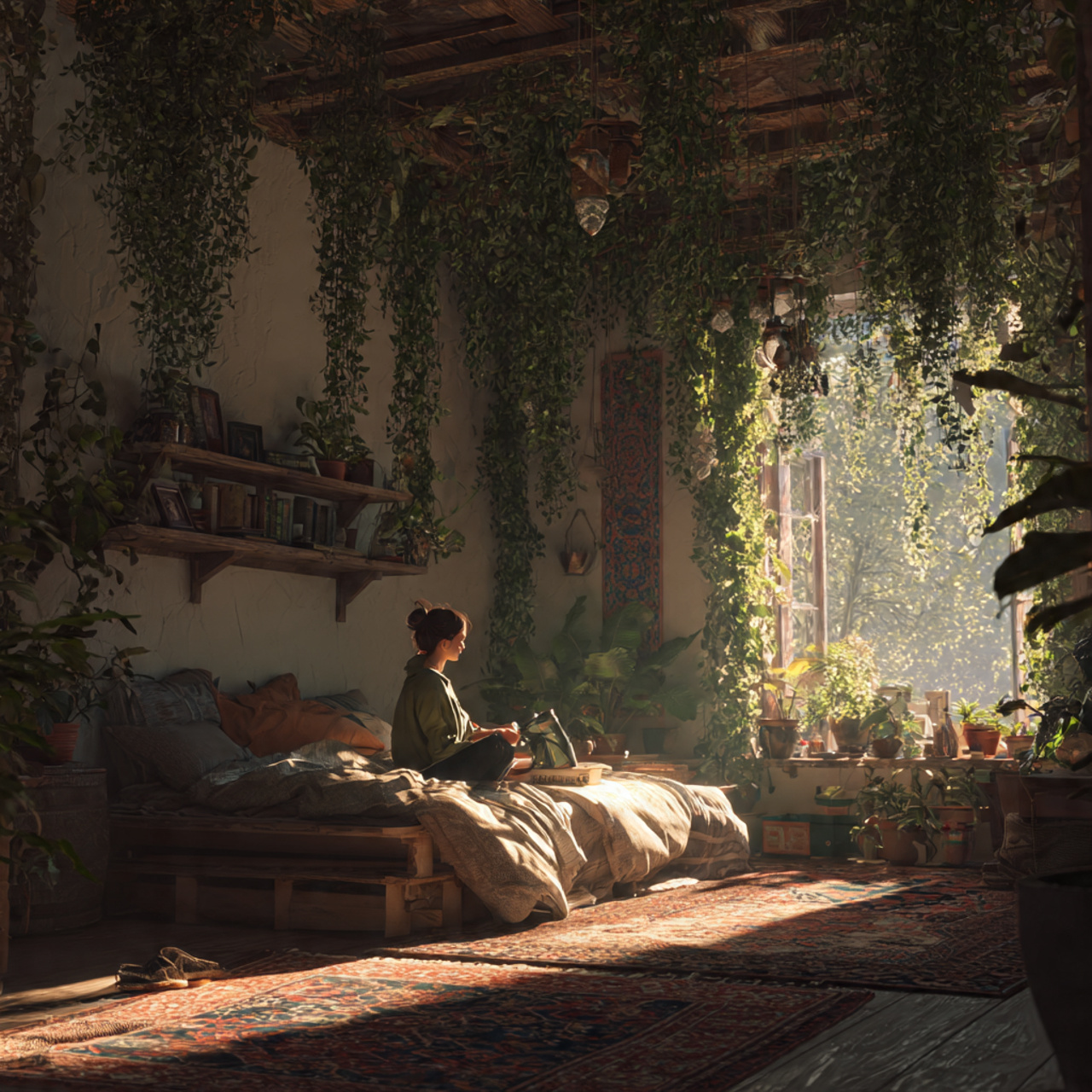 a serene bohemian bedroom with cascading indoor