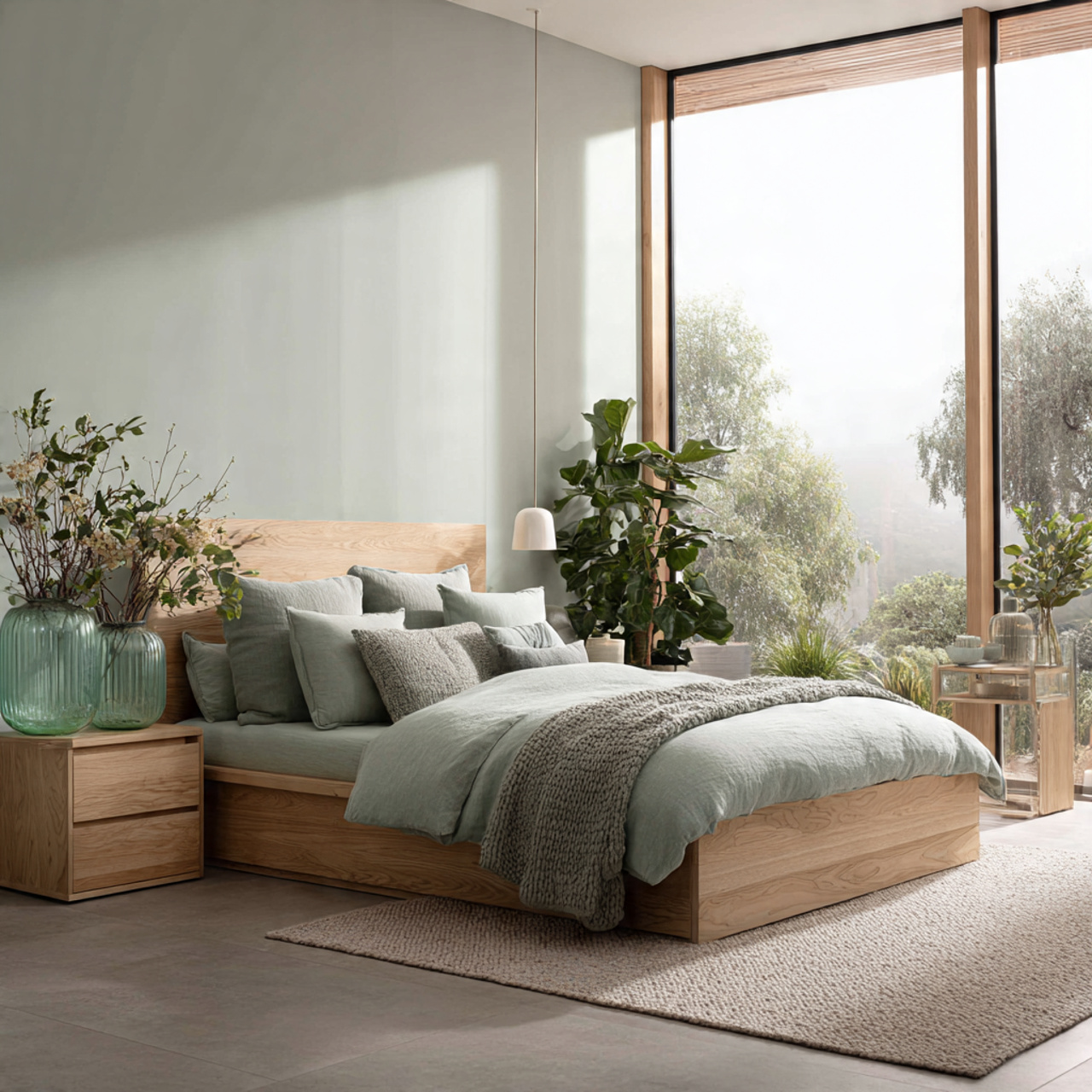 a serene modern bedroom with soft seafoam