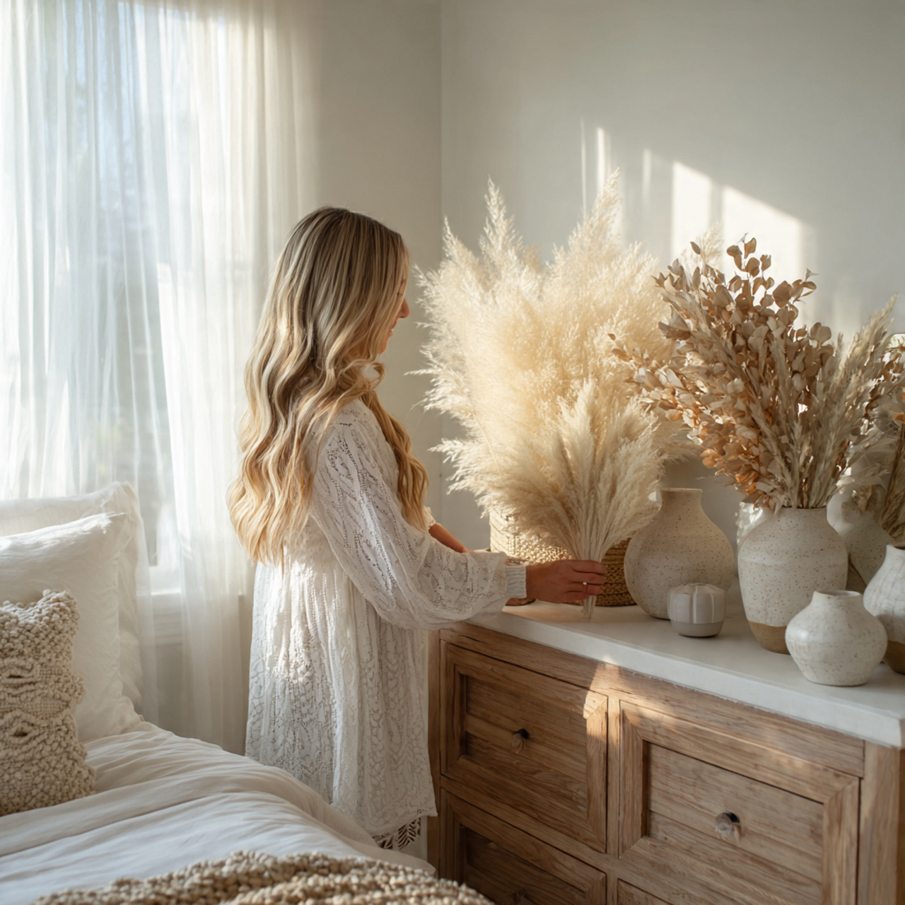 a serene white bedroom featuring dried floral