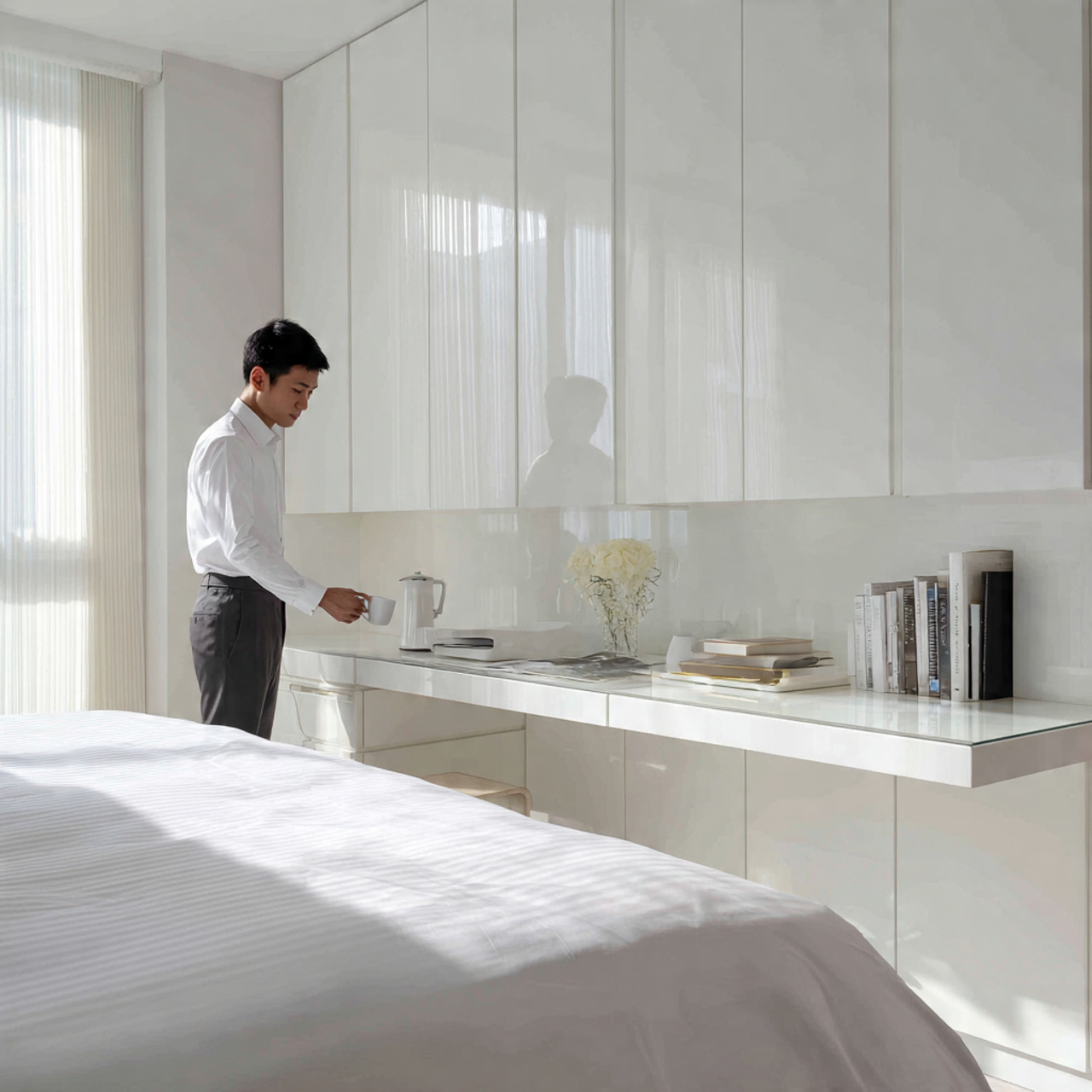 a sleek futuristic white bedroom with high gloss 1