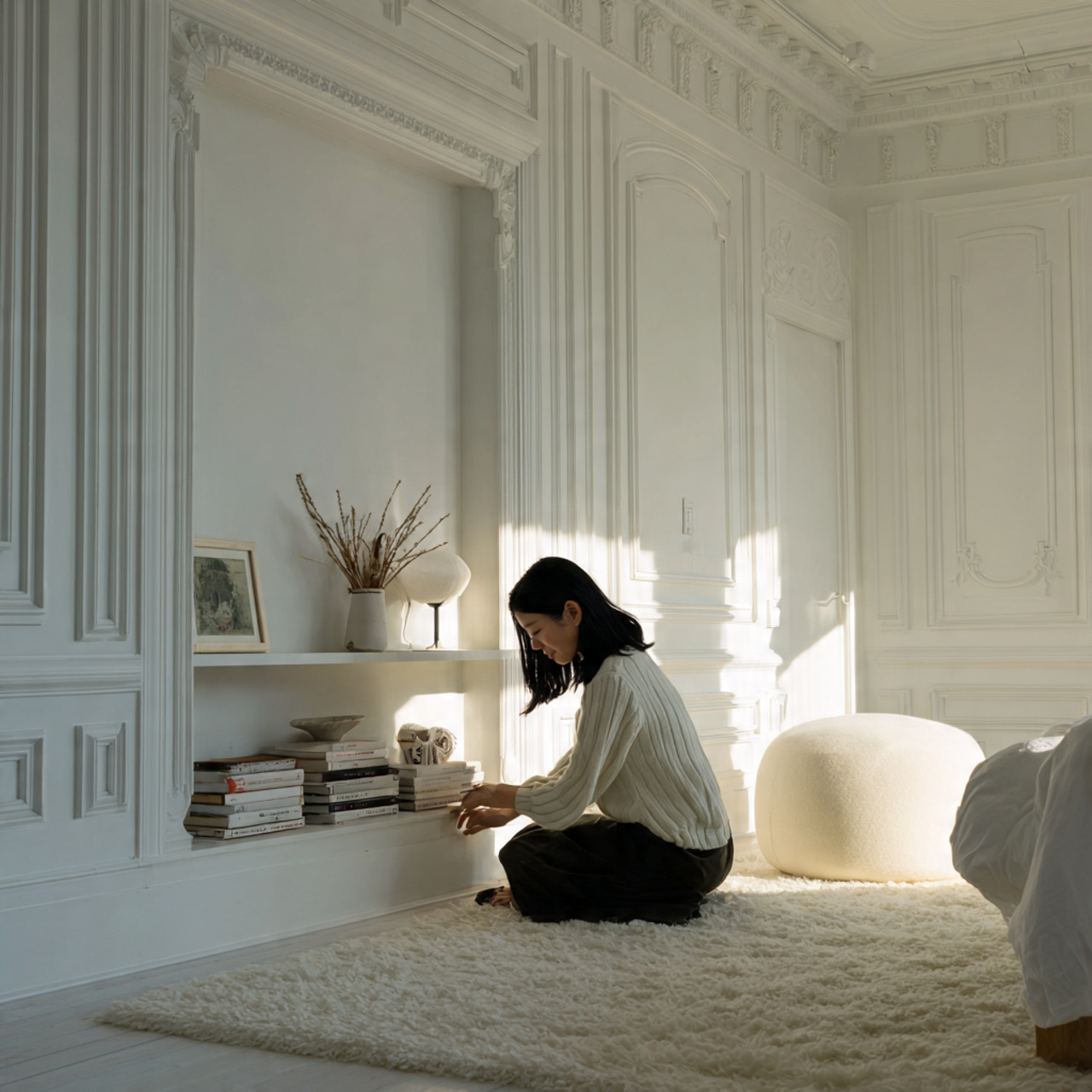 a spacious white bedroom with detailed architectural