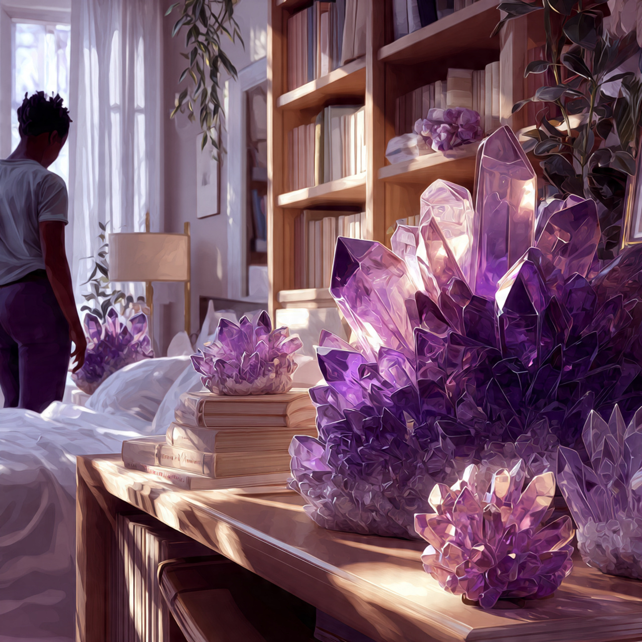 25 Purple Bedroom Decor Ideas That Feel Luxurious, Calm & Stylish 3 a stylish bedroom interior with amethyst crystal