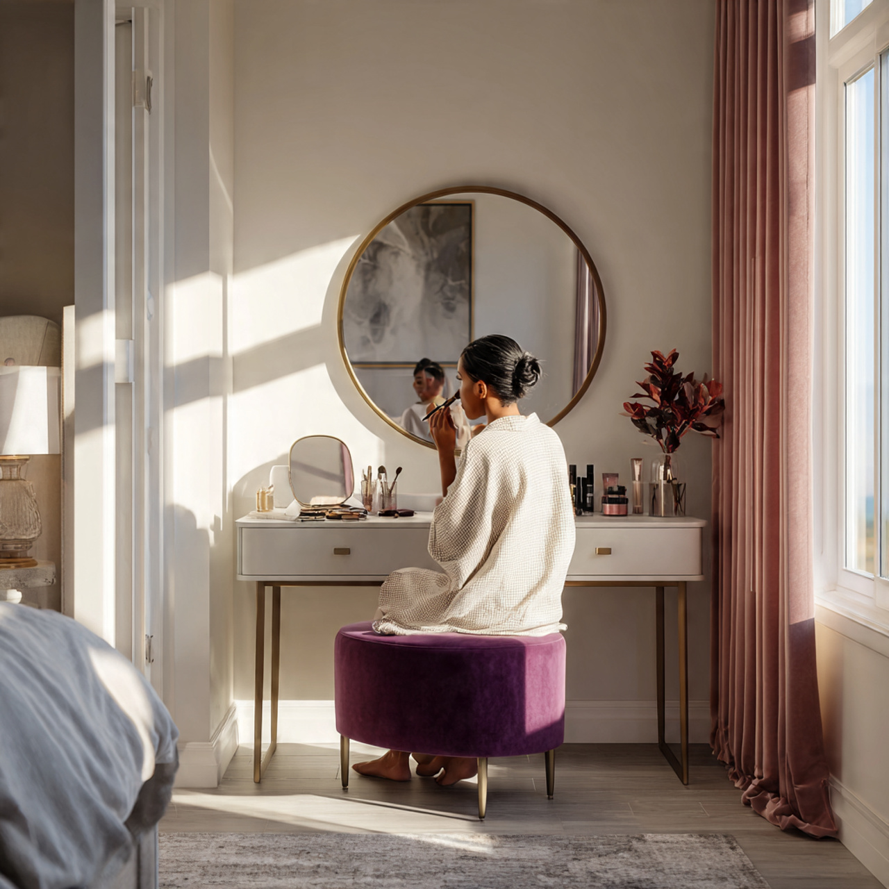 25 Purple Bedroom Decor Ideas That Feel Luxurious, Calm & Stylish 23 a stylish bedroom vanity area featuring a