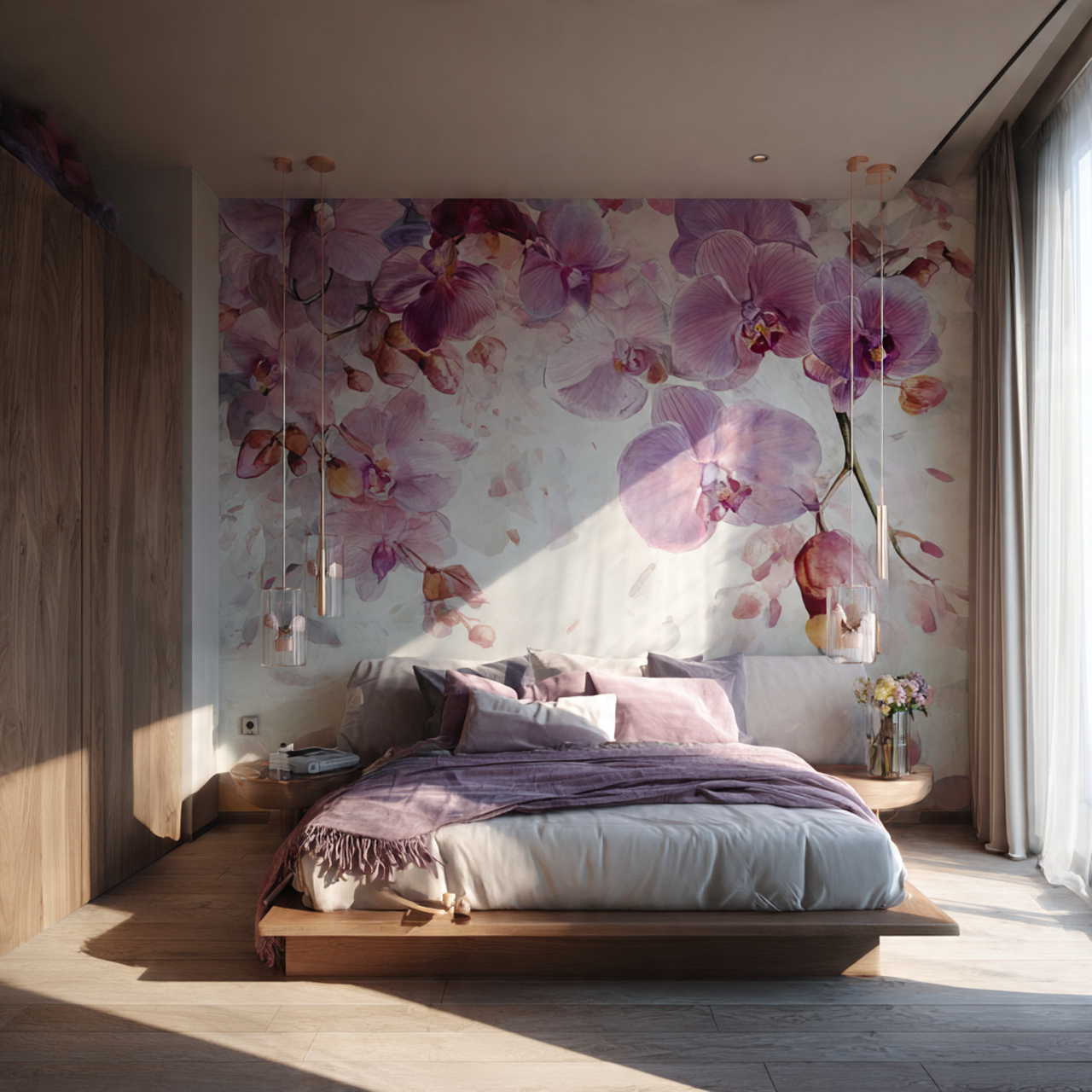 25 Purple Bedroom Decor Ideas That Feel Luxurious, Calm & Stylish 7 a stylish bedroom with orchid floral wall