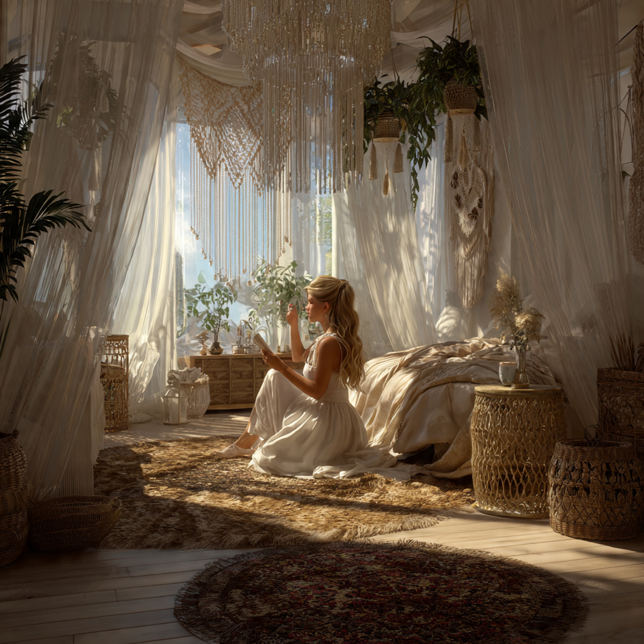 a stylish bohemian bedroom with a beaded 1