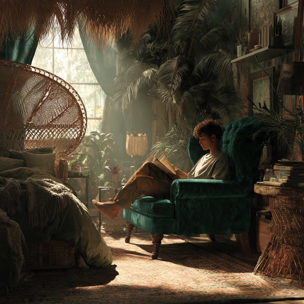 a stylish bohemian bedroom with a deep