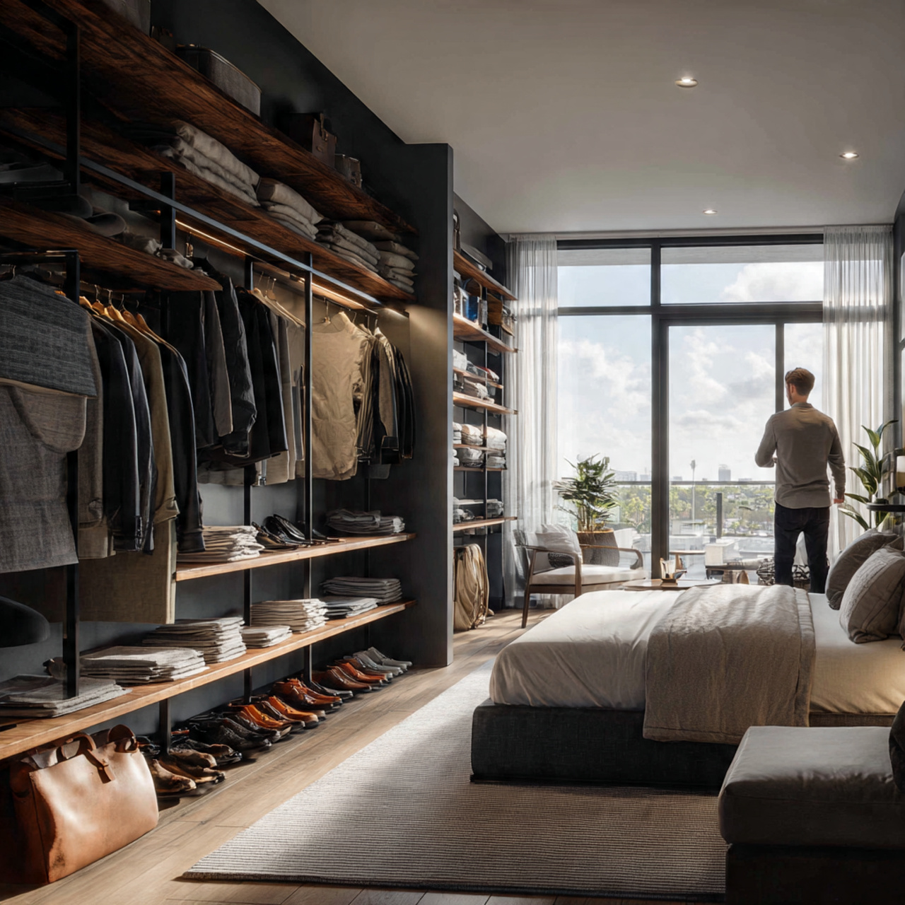 a stylish mens bedroom with an open concept