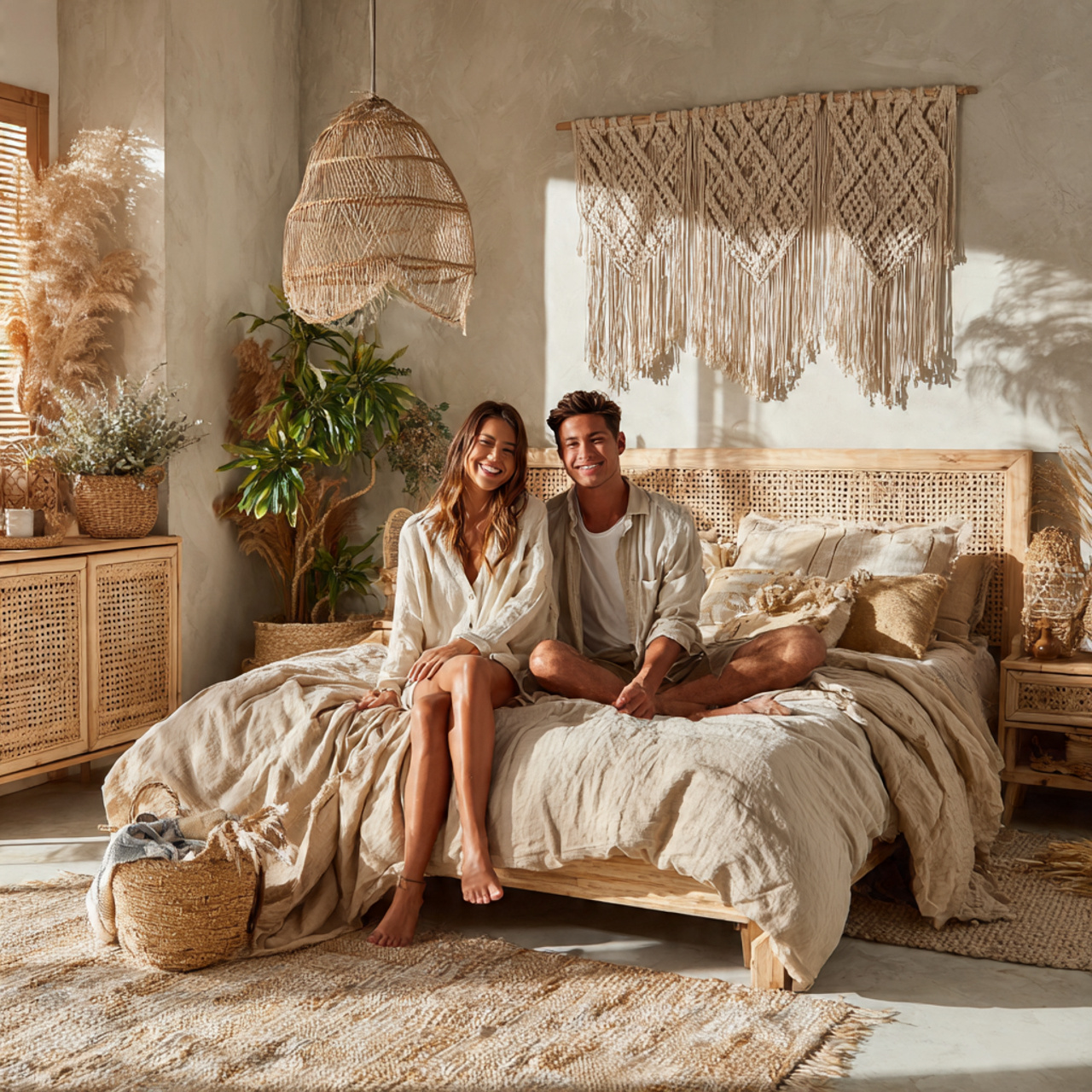 25 Bedroom Ideas for Couples: Luxury, Comfort & Romantic Style Ideas 6 a sunlit bedroom with a woven rattan