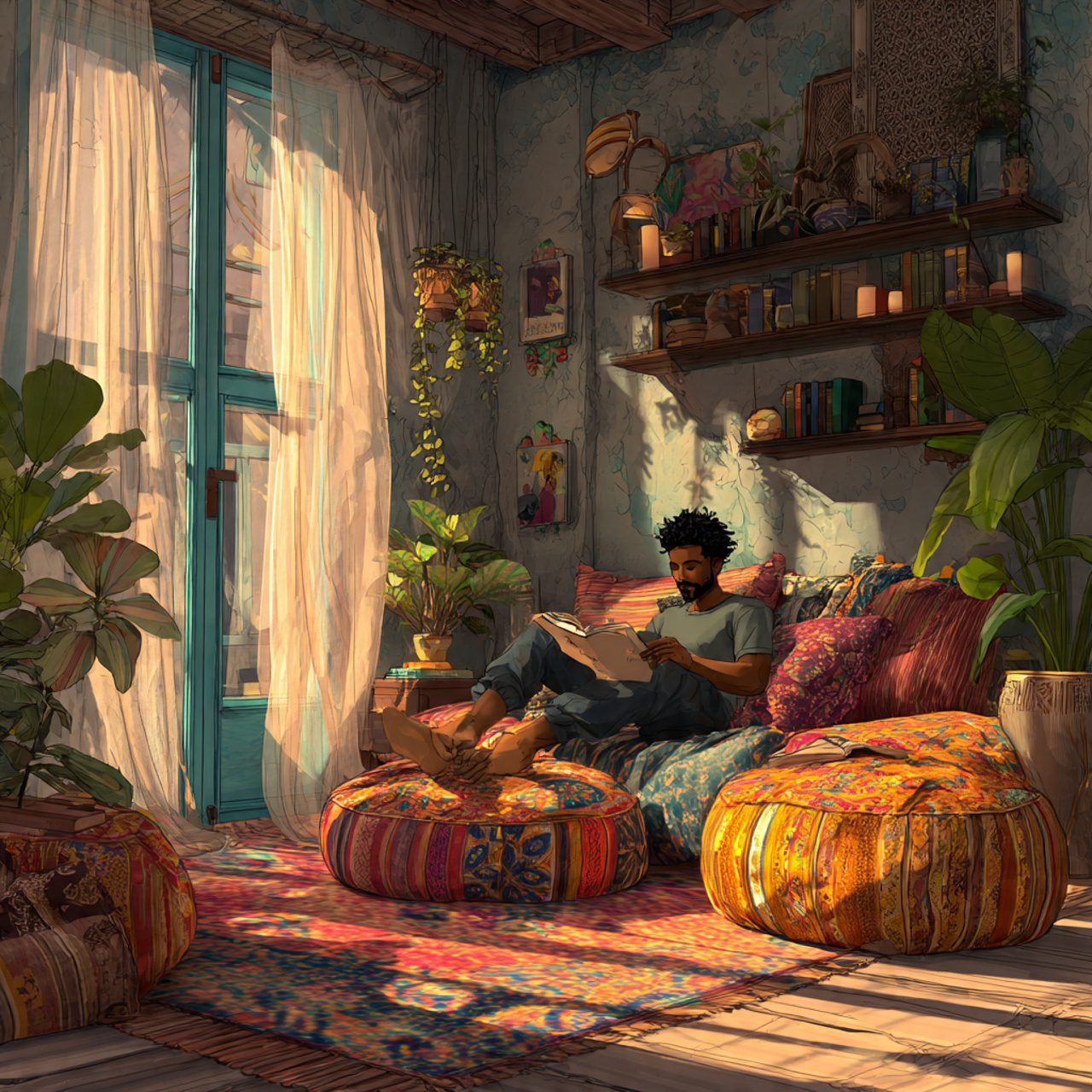 a sunlit bohemian bedroom corner with colorful