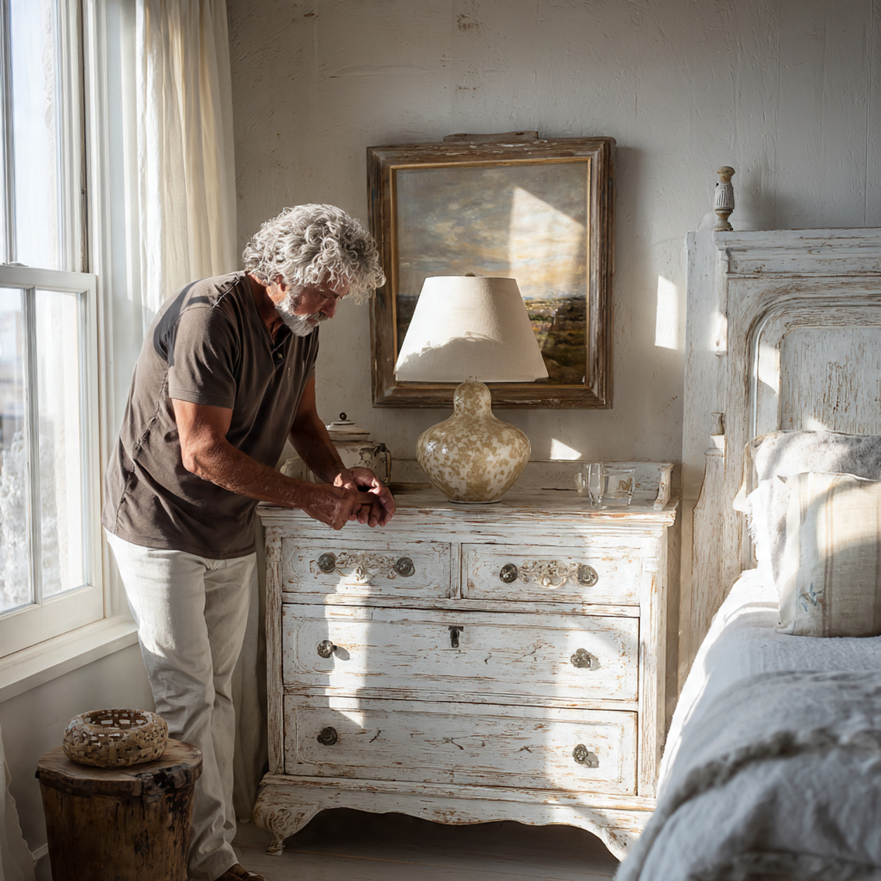 a sunlit white bedroom with antiqued whitewashed