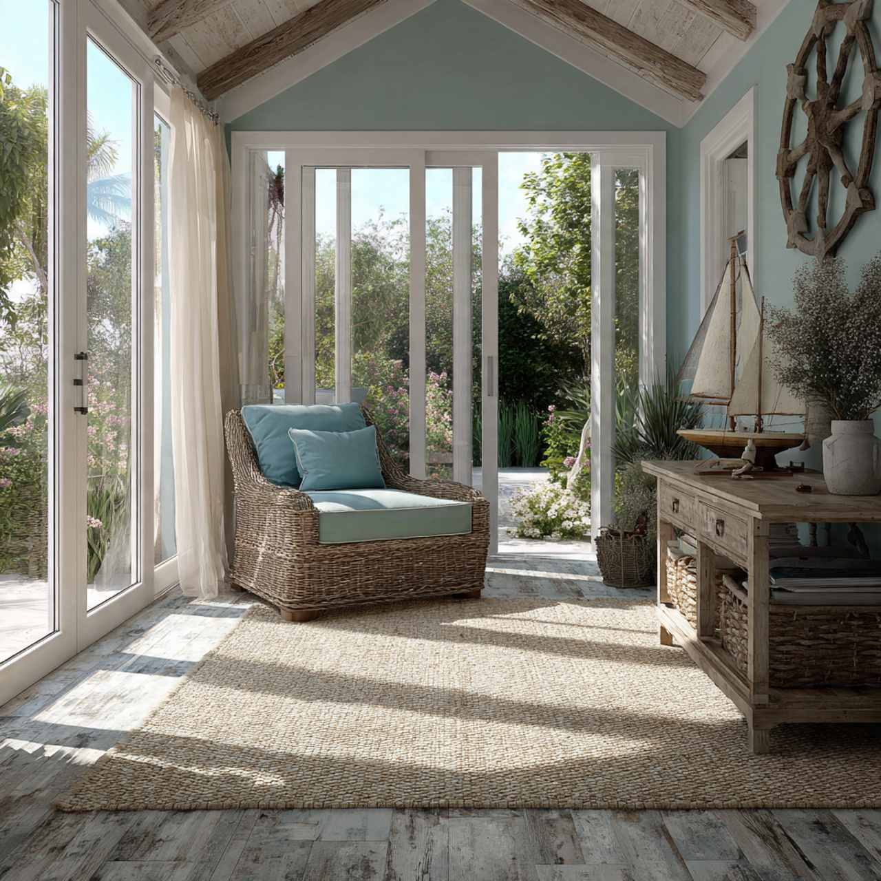 a sunroom inspired by coastal design featuring