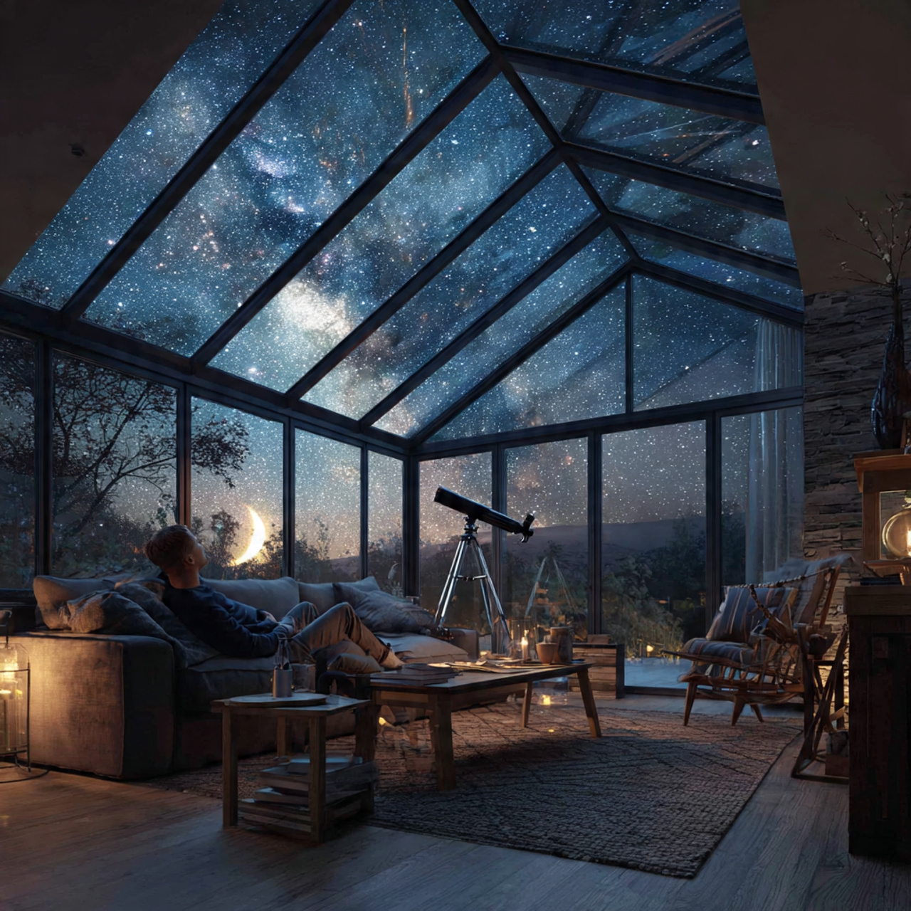 a sunroom with a fully glass roof