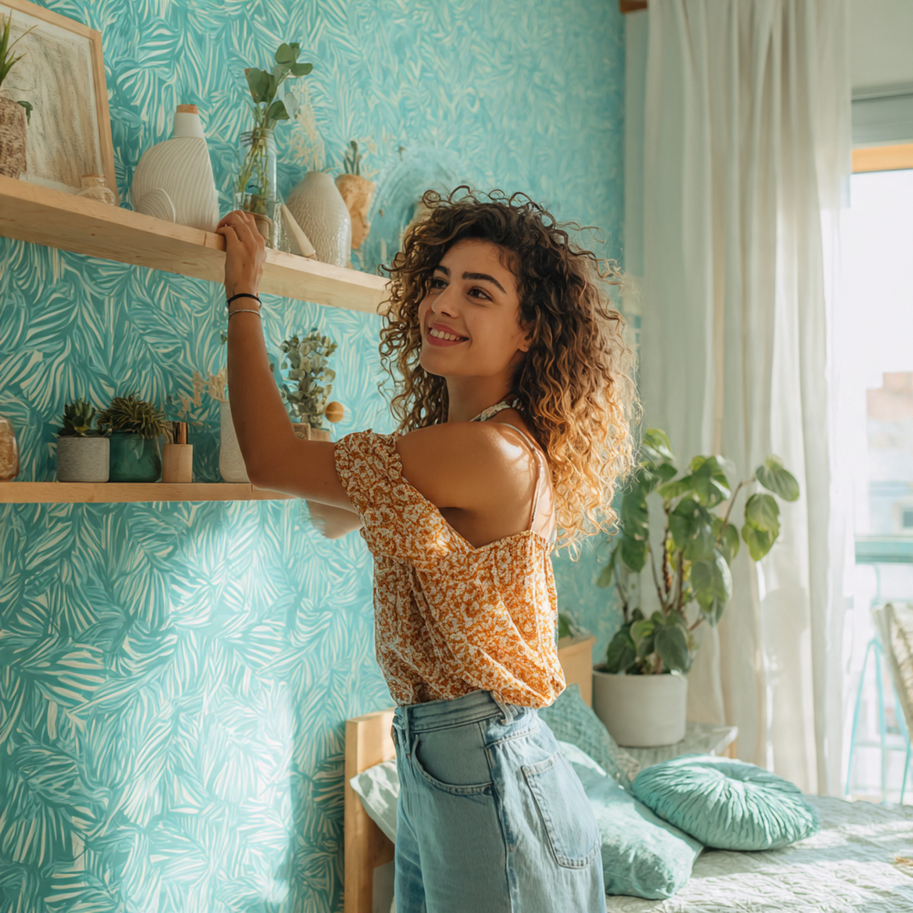 25 Blue Bedroom Decor Ideas That Inspire Calm, Style & Luxury 14 a vibrant bedroom with aquamarine patterned wallpaper