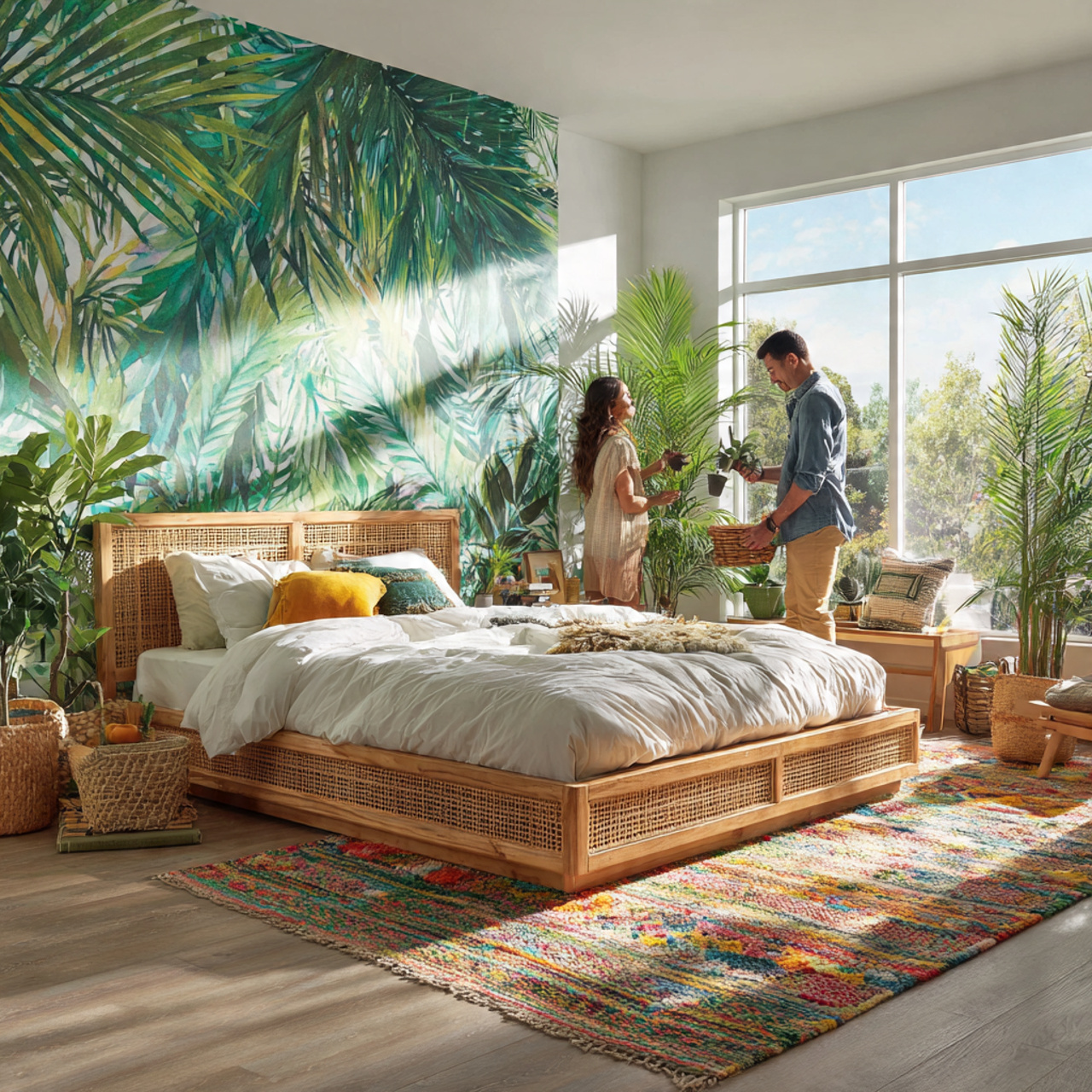 25 Bedroom Decor Wallpaper Ideas That Inspire Luxury & Comfort 8 a vibrant bedroom with tropical oversized palm