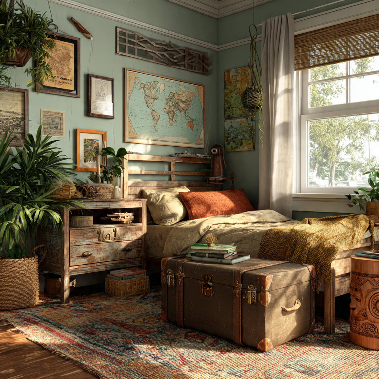 a vibrant bohemian bedroom with mismatched nightstands