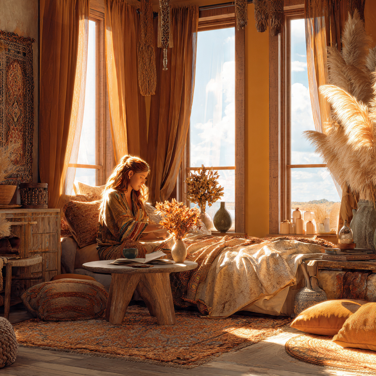 a warm bohemian bedroom featuring earthy ochre