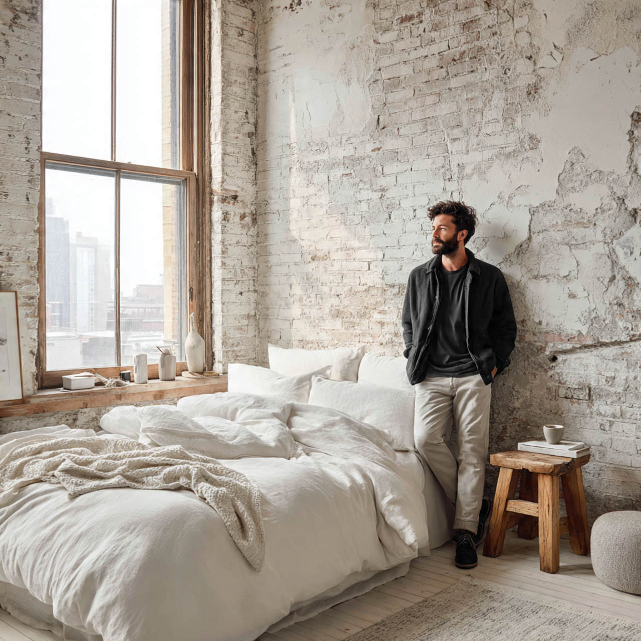 a white bedroom with an industrial vibe