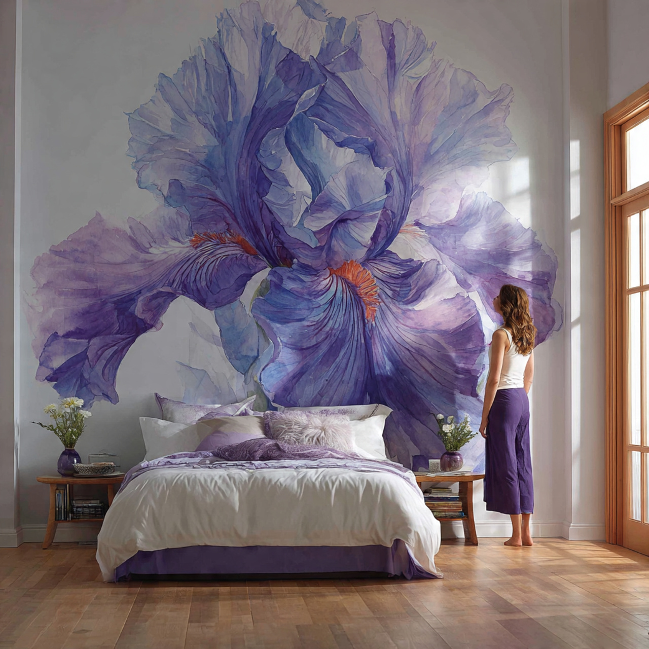 25 Purple Bedroom Decor Ideas That Feel Luxurious, Calm & Stylish 17 an artistic bedroom with a large iris