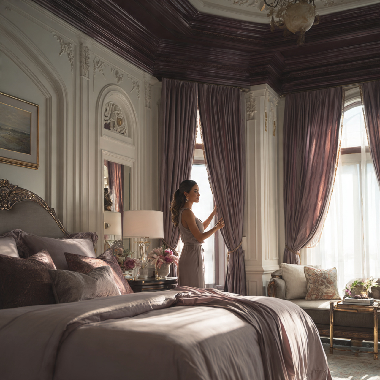 25 Purple Bedroom Decor Ideas That Feel Luxurious, Calm & Stylish 22 an elegant bedroom with dark purple crown 1