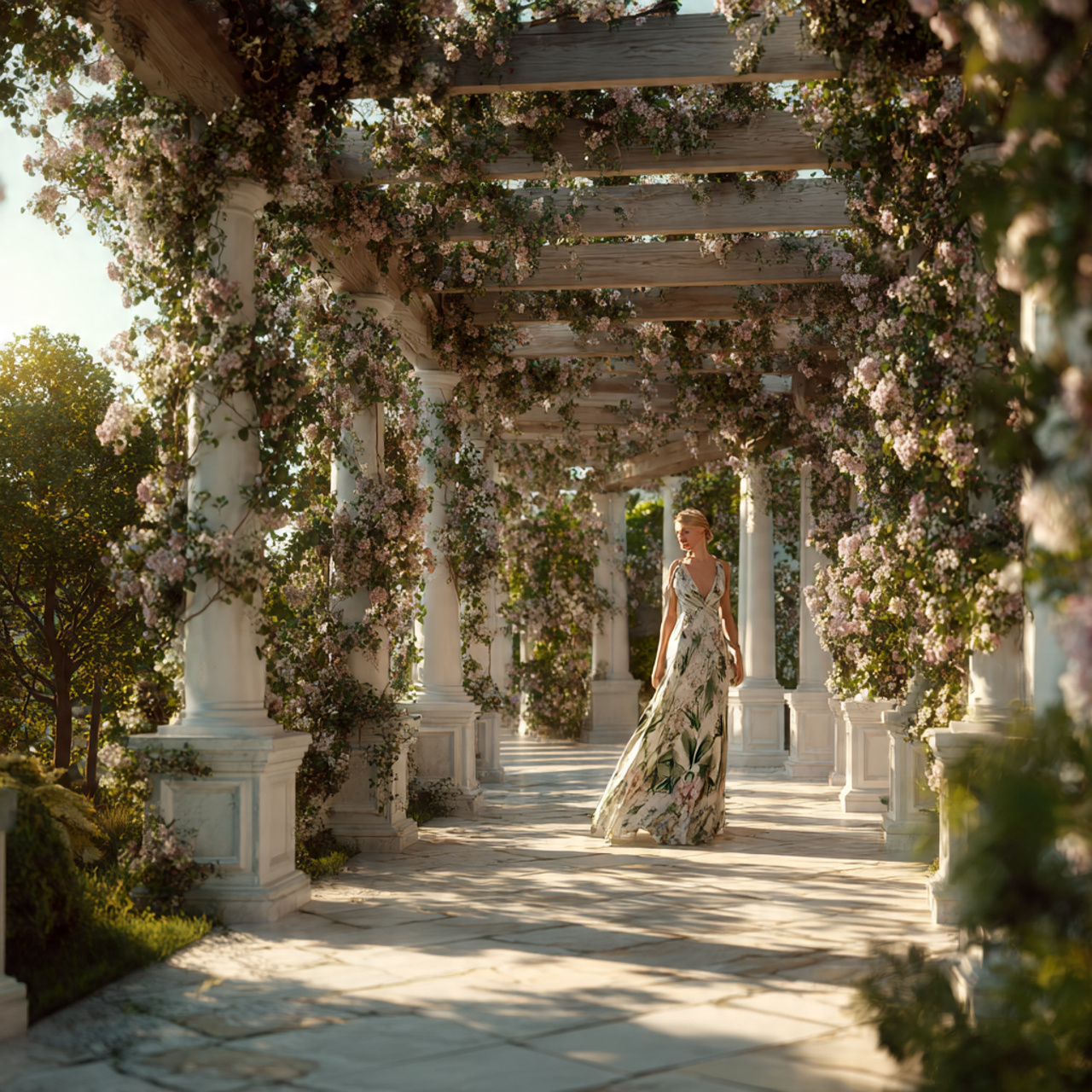 an elegant pergola covered in blooming climbing