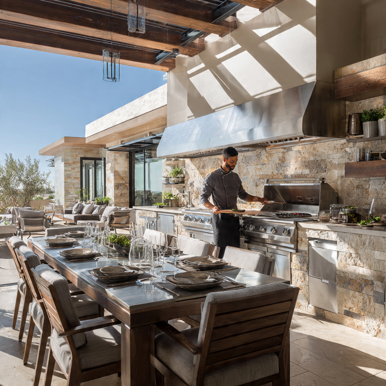 an outdoor kitchen and dining area with 1