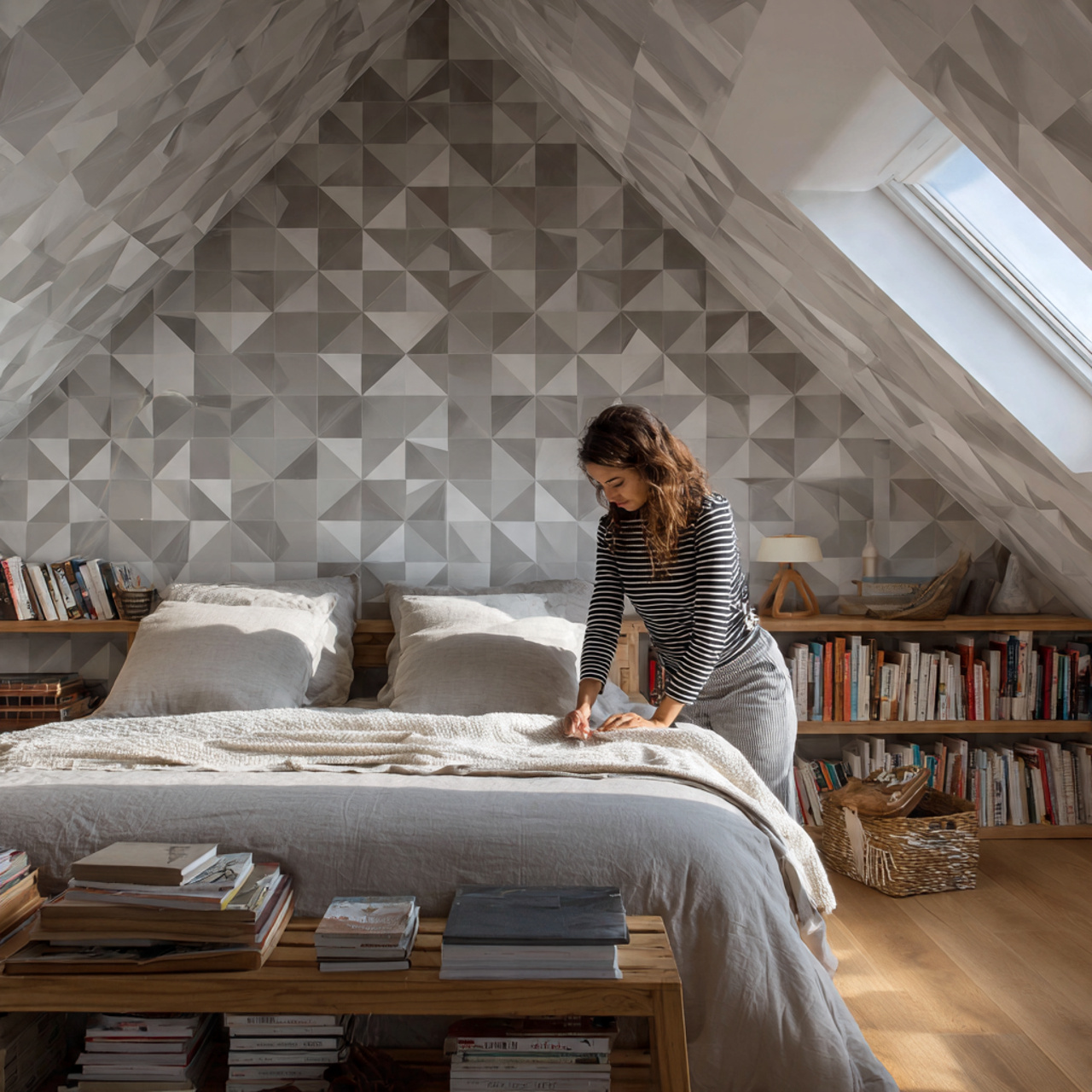25 Attic Bedroom Ideas: Transform Your Loft Into a Cozy, Stylish Retreat 11 attic bedroom with a bold geometric wallpaper