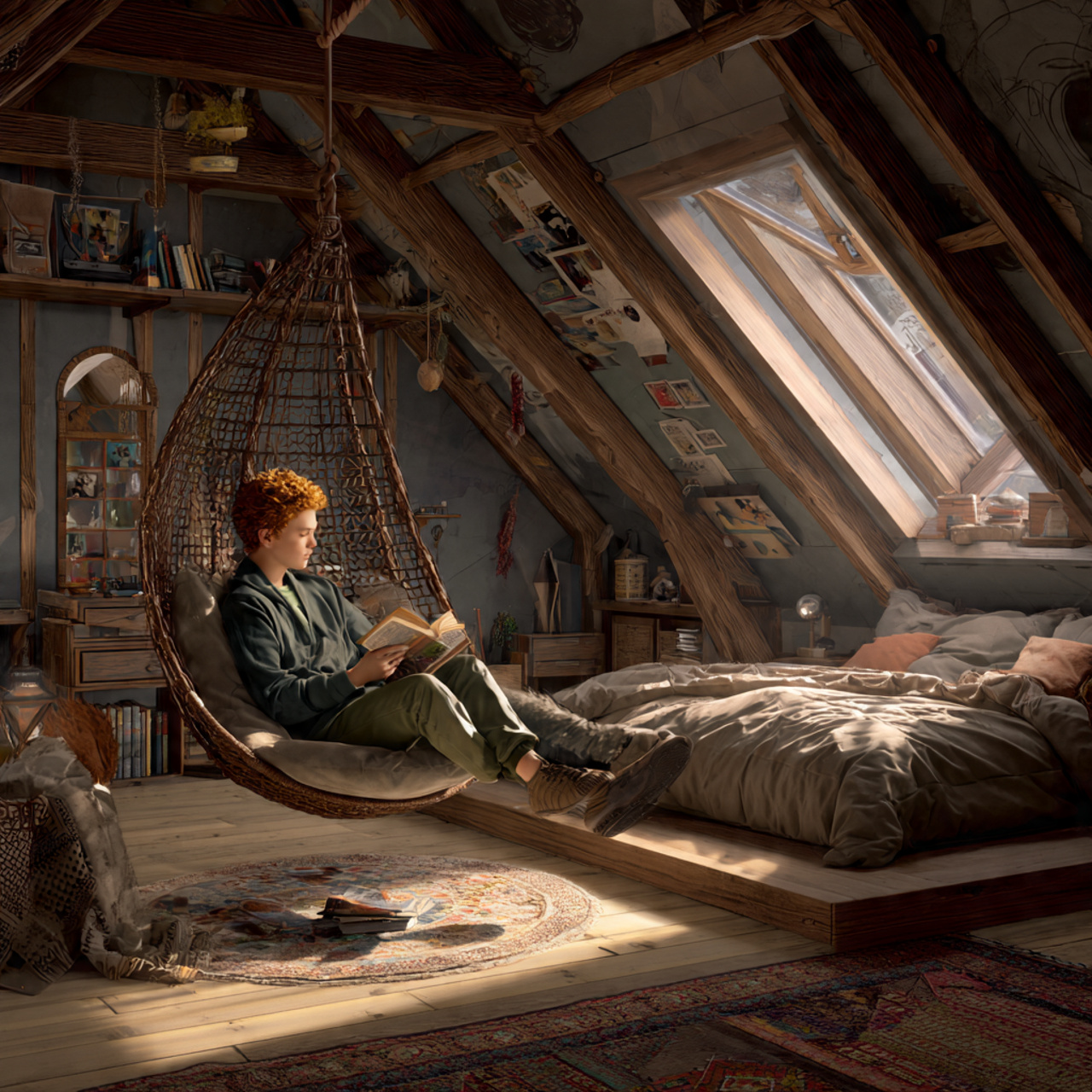 25 Attic Bedroom Ideas: Transform Your Loft Into a Cozy, Stylish Retreat 22 attic bedroom with a hanging swing chair