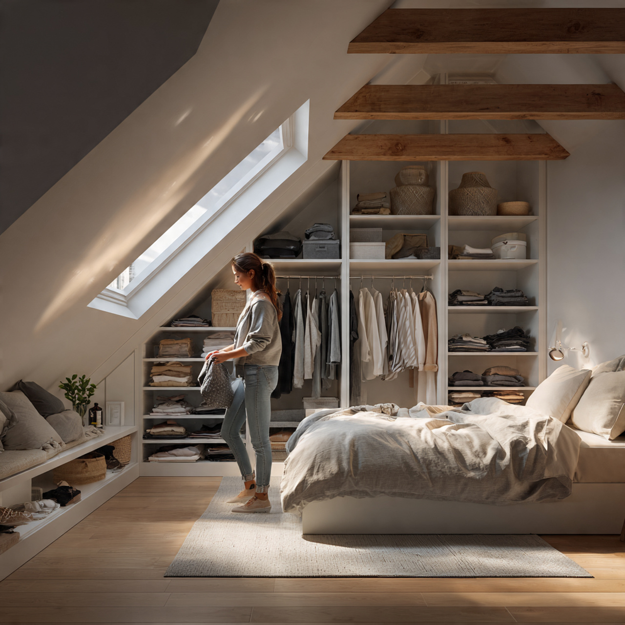 25 Attic Bedroom Ideas: Transform Your Loft Into a Cozy, Stylish Retreat 16 attic bedroom with custom under eave wardrobes seamlessly