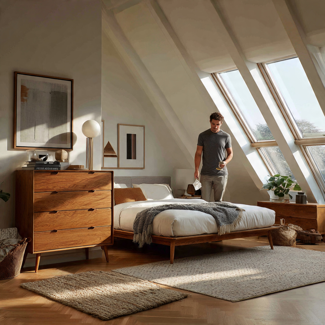 25 Attic Bedroom Ideas: Transform Your Loft Into a Cozy, Stylish Retreat 19 attic bedroom with mid century modern furniture including