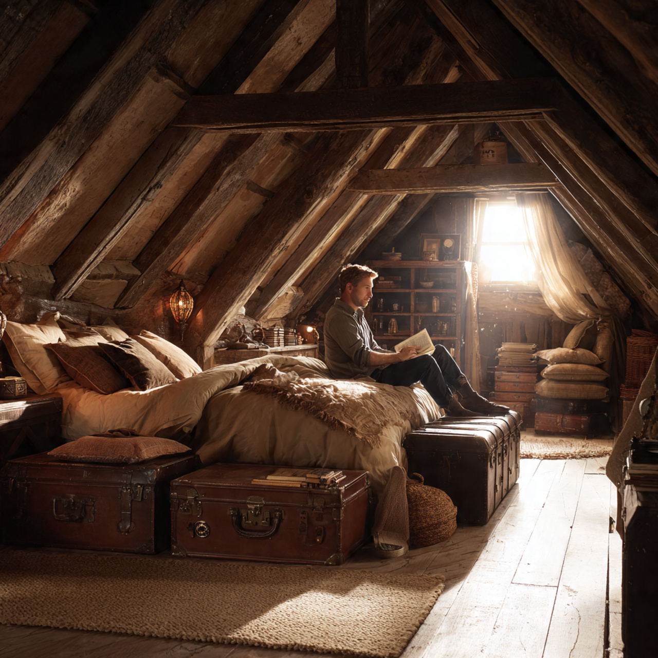 25 Attic Bedroom Ideas: Transform Your Loft Into a Cozy, Stylish Retreat 12 attic bedroom with vintage steamer trunks at