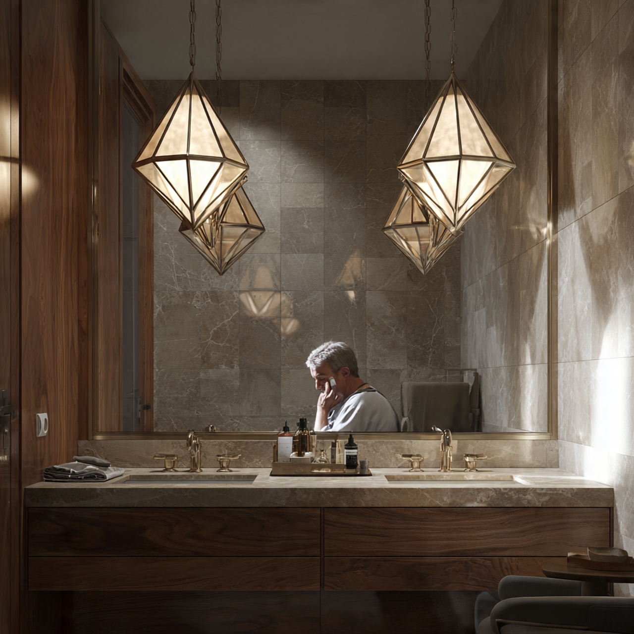 25 Luxury Bathroom Lighting Ideas That Inspire & Impress 7 bathroom with two modern geometric pendant lights