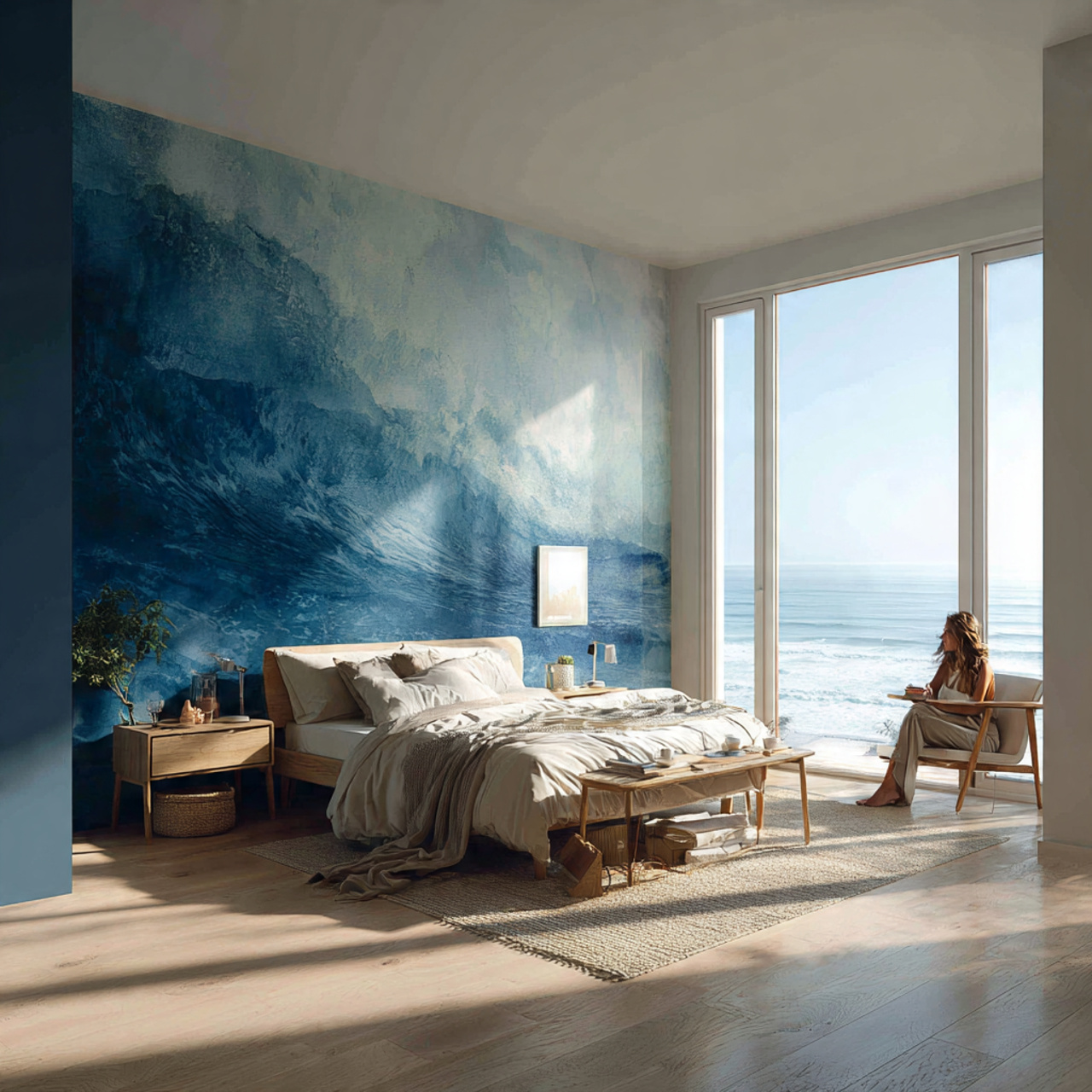25 Elegant Blue Bedroom Ideas That Elevate Any Room 19 bedroom featuring an ocean wave ombre wall