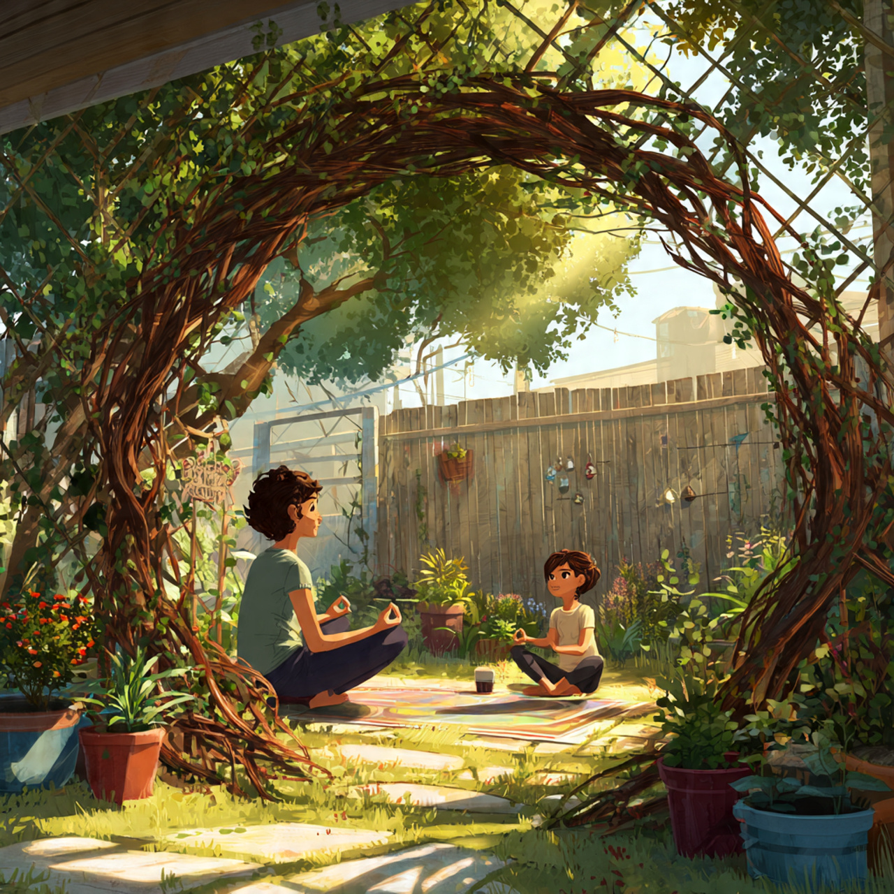 bohemian style backyard with a wattle privacy screen