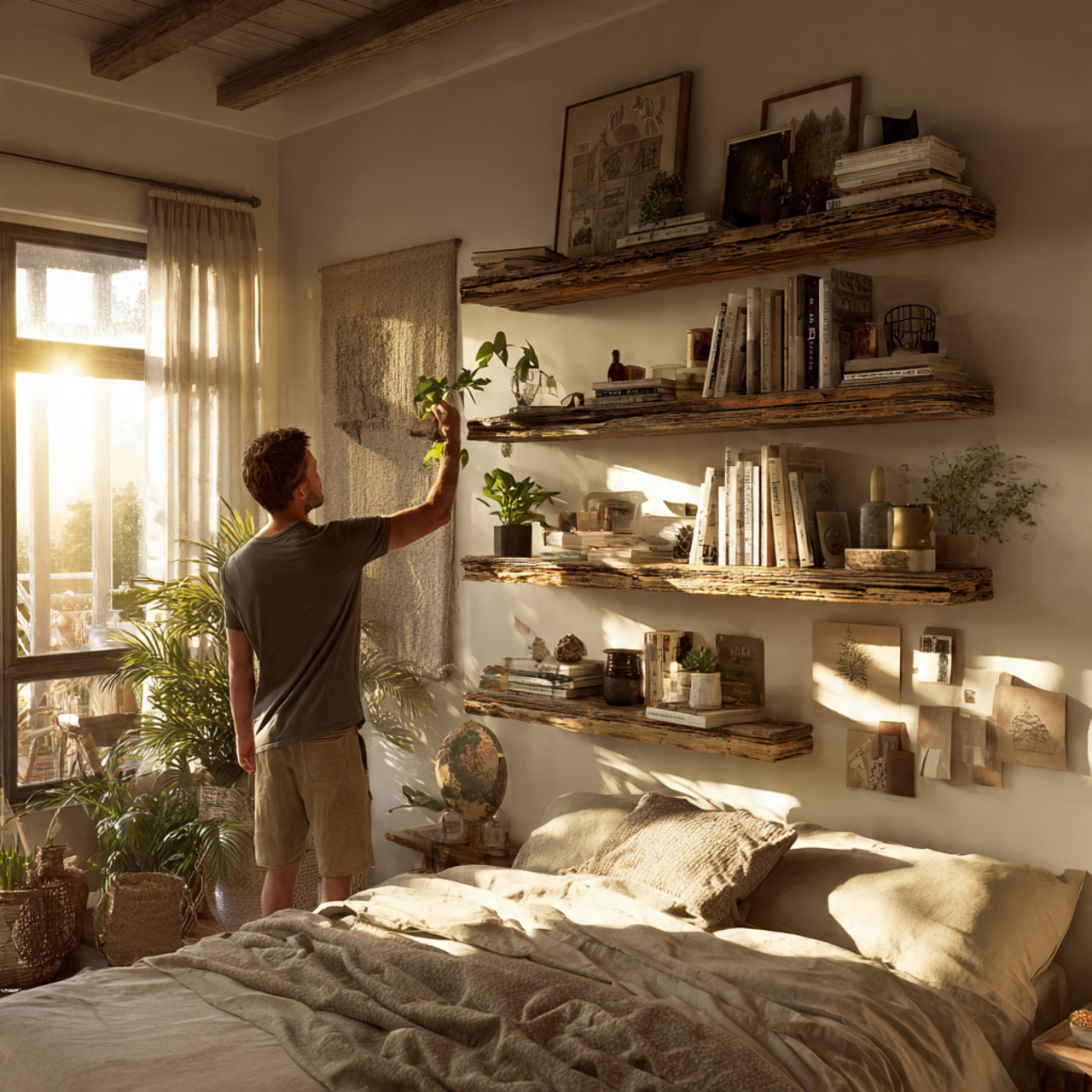 25 Boho Bedroom Ideas: Transform Your Space with Style & Charm 22 boho bedroom ideas with floating reclaimed wood