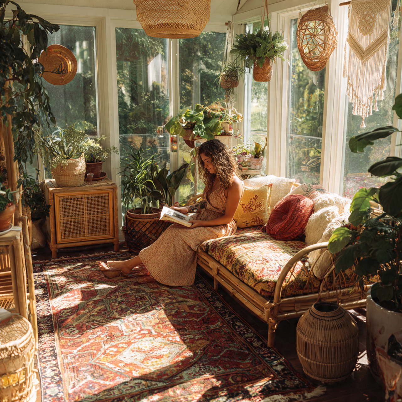 bright and airy sunroom filled with rattan