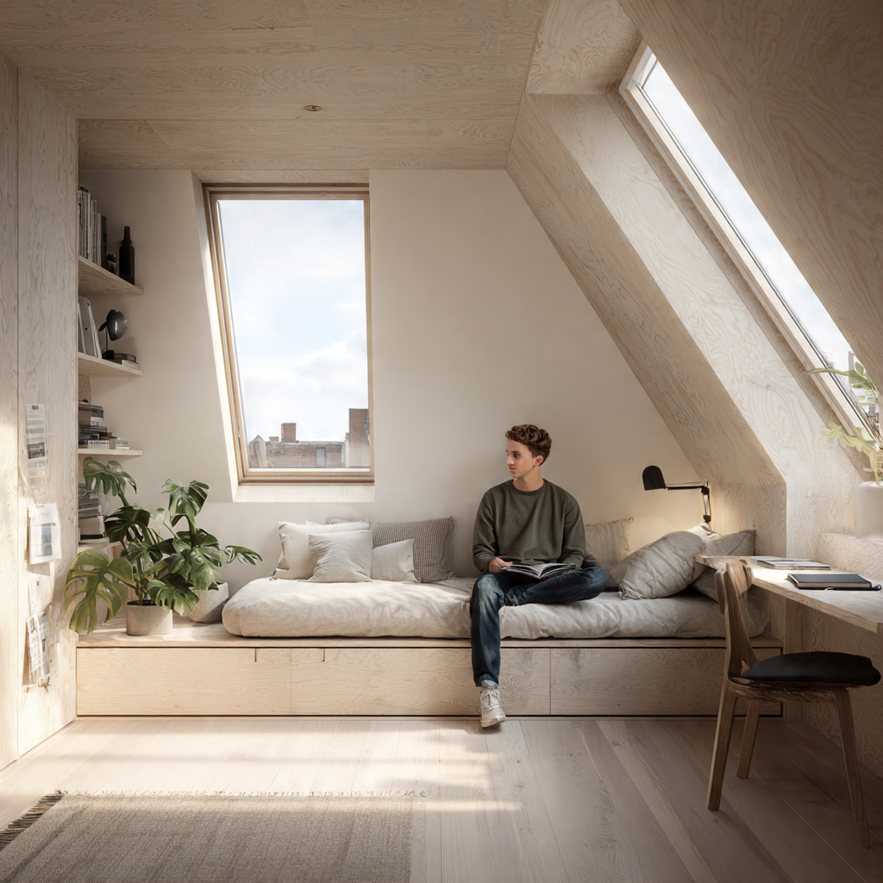 25 Attic Bedroom Ideas: Transform Your Loft Into a Cozy, Stylish Retreat 10 bright attic bedroom with scandinavian plywood walls